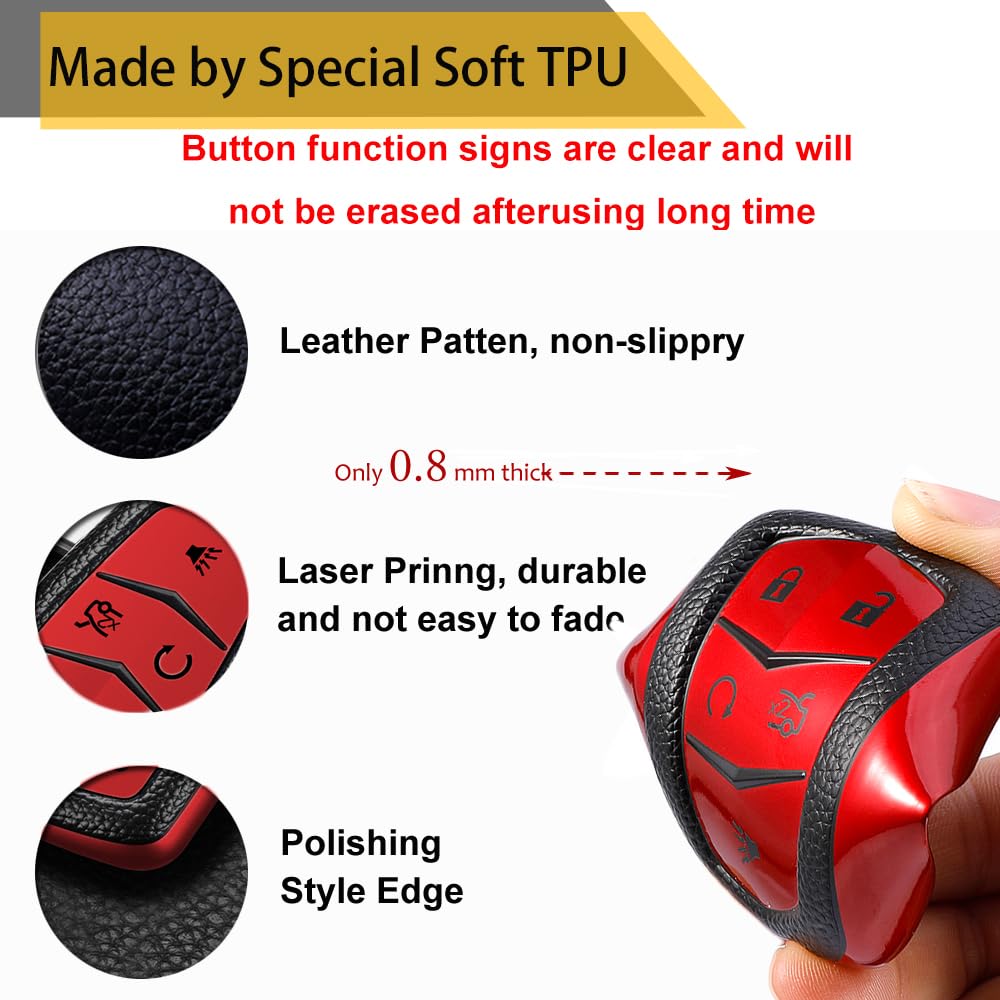 Cadillac Key Fob Cover with Metal Braided Rope Keychain, Upgraded Soft Key Case for 2015-2019 Escalade CTS SRX XT5 ATS STS CT6 (5 Button) (Gold Edge)