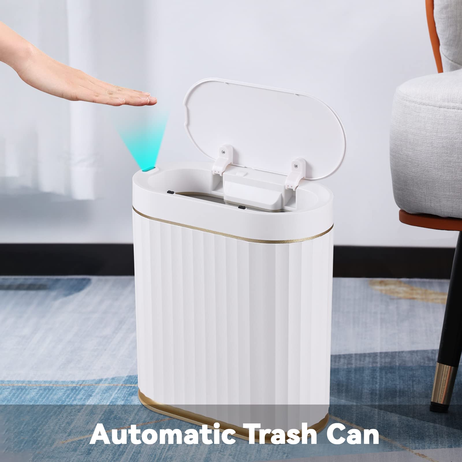ELPHECO Mini Desktop Trash Can with Lid, Small Slim Automatic Garbage Can, 1.3 Gallon Motion Sensor Countertop Waste Basket for Bedroom, Office, Bathroom, White with Grey Trim