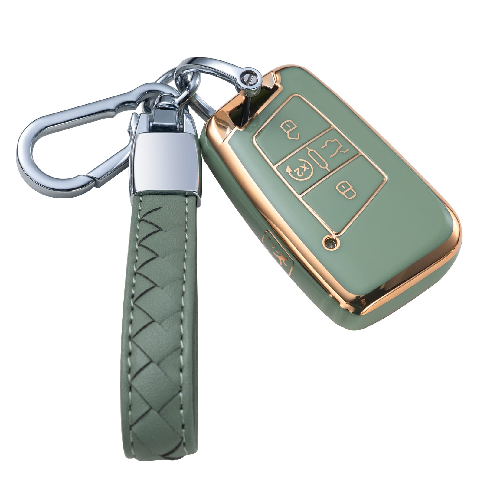 Compatible with VW Volkswagen Key Fob Cover with Leather Lanyard, Car Key Case Shell Protection for Volkswagen Tiguan Atlas Jetta Passat Golf Alltrack Smart Remote Control,Green