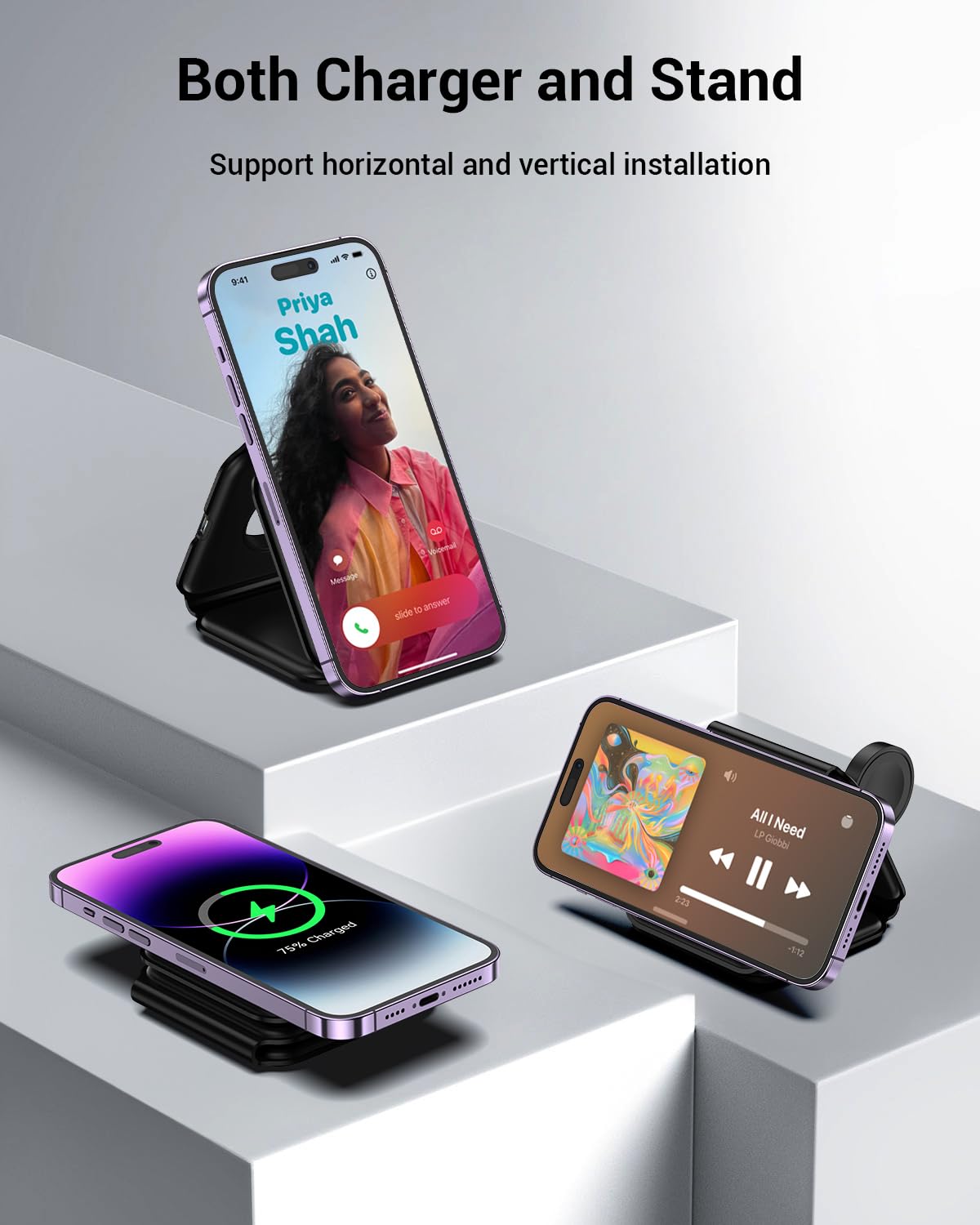 Wireless Charger, Magnetic Foldable 3 in 1 Mag-Safe Charger, Fast Travel Wireless Charging Station for iPhone 16/15/14/13/12/ Series,for iWatch,for AirPods (Adapter Included)