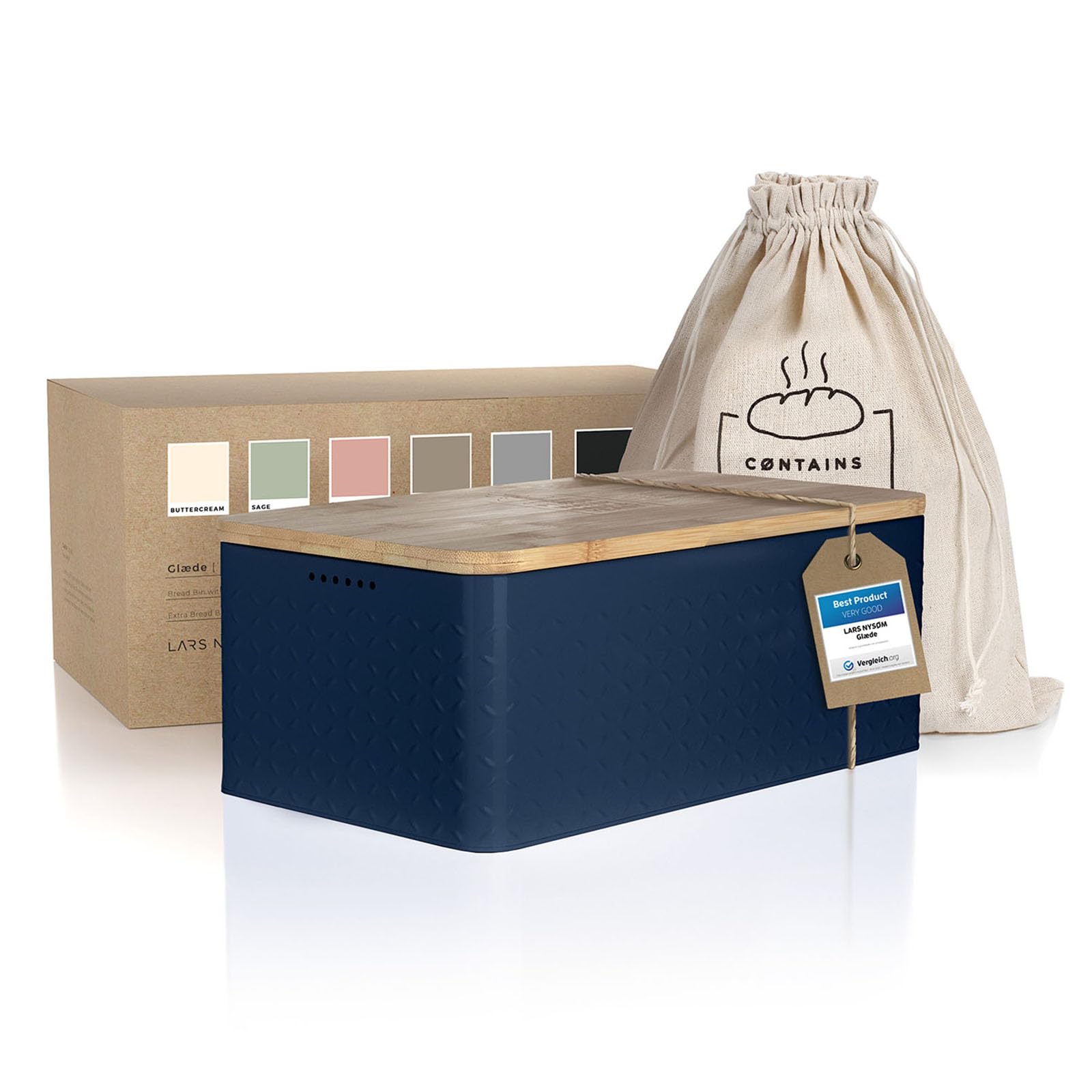 LARS NYSØM Bread Box I Metal bread box with linen bread bag for long lasting freshness I Bread box with bamboo lid usable as cutting board I 34 x 19.5 x 13.5 cm (Taupe Brown)