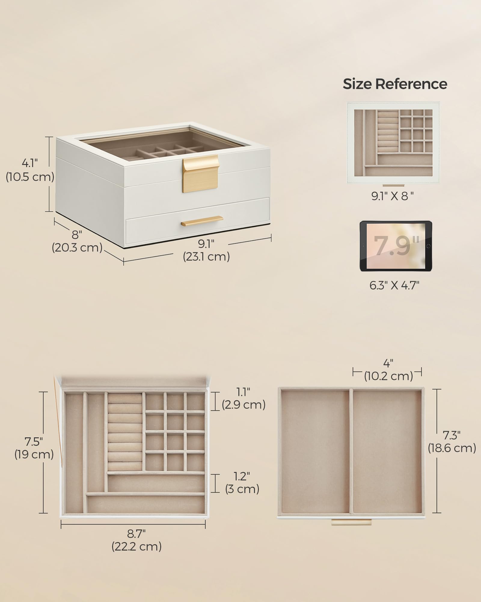 SONGMICS Jewelry Box with Glass Lid, 3-Layer Jewelry Organizer, 2 Drawers, for Big and Small Jewelry, Jewelry Storage, Modern Style, 8 x 9.1 x 5.3 Inches, Cloud White and Gold Color UJBC239WT