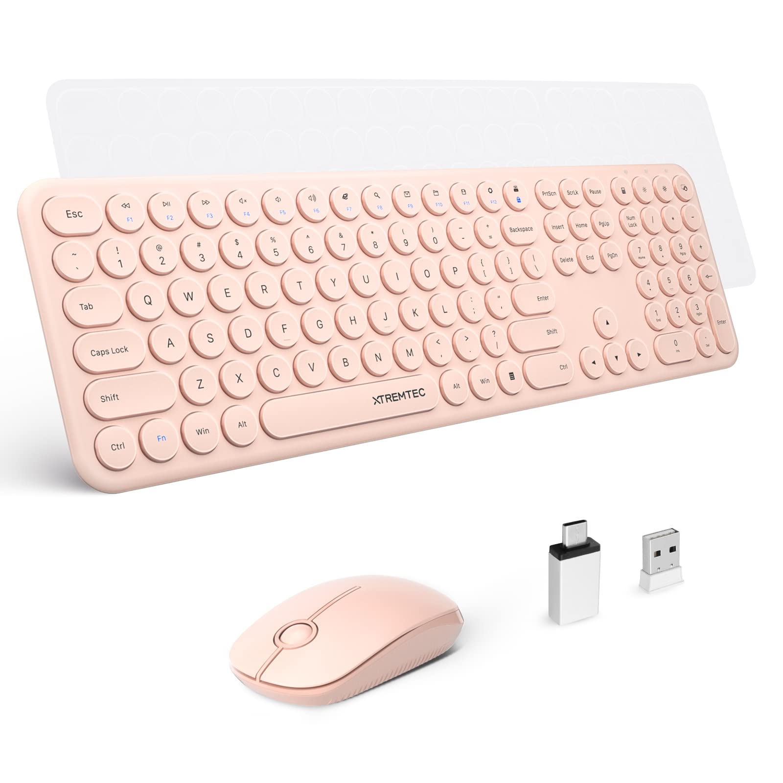 Wireless Keyboard and Mouse, XTREMTEC Cute Keyboard Retro Round Keycap - 2.4GHz Ultra-Slim Quiet Aesthetic Keyboard for Mac Computer Laptop PC Desktops (Rosegold)
