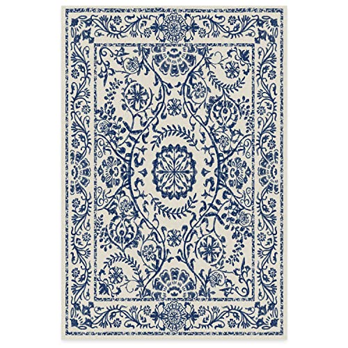 RUGGABLE Washable 2x3 Area Rug, Delphina Delft Blue, Premium Vintage Rugs for Living Room, Bedroom, Kitchen, Office, Classroom with Gripper Non Slip Pad