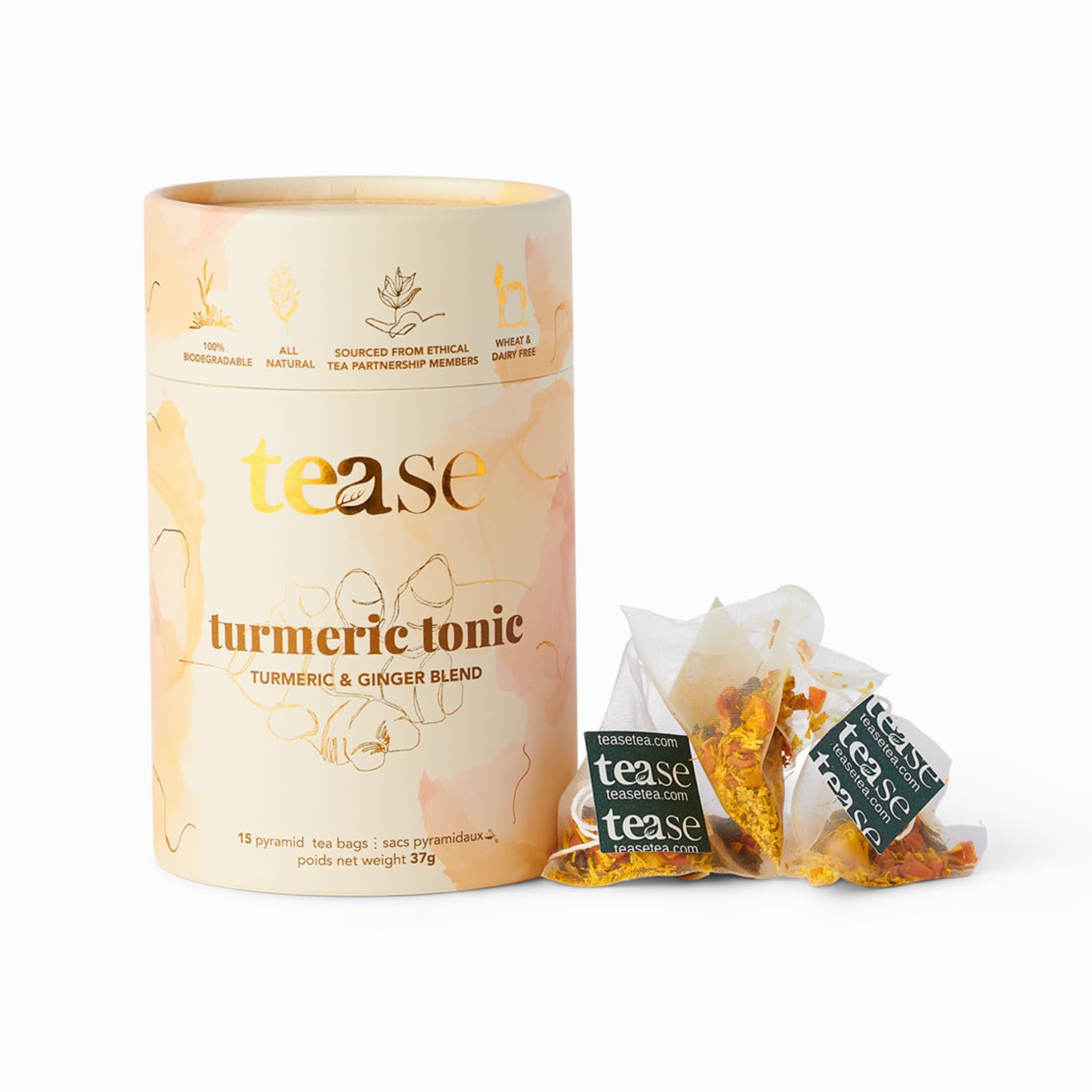 Tease Tea Organic Tea Tube Gift Set | 15 Piece Botanical Pyramid Tea Bag Infuser Sachets Loose Leaf Support Citrusy Blend with Rooibos, Peppermint, Valerian Root Caffeine Free 37g (Golden Slumbers)