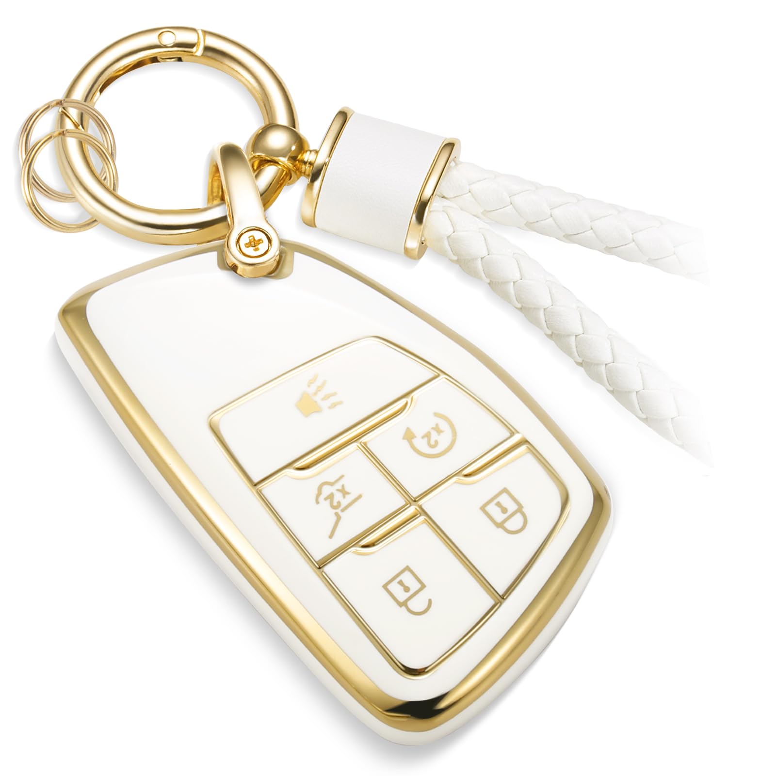 Cadillac Key Fob Cover with Metal Braided Rope Keychain, Upgraded Soft Key Case for 2015-2019 Escalade CTS SRX XT5 ATS STS CT6 (5 Button) (Gold Edge)