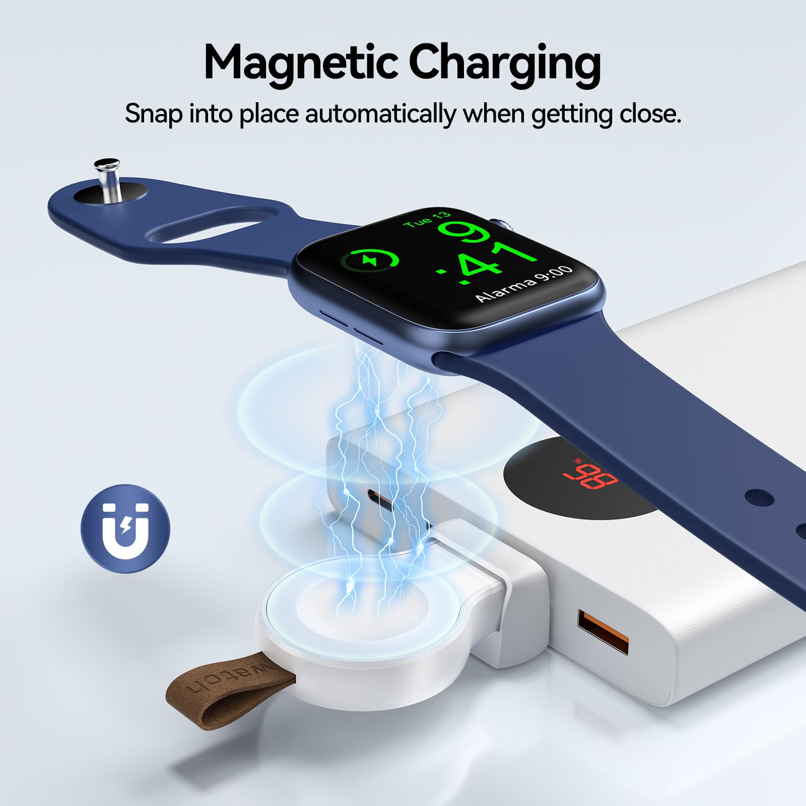 NEWDERY Charger for Apple Watch Portable iWatch USB Wireless Charger, Travel Cordless Charger with Light Weight Magnetic Quick Charge for Apple Watch Ultra 2 Series 9 8 7 6 5 4 3 2 1 SE, White