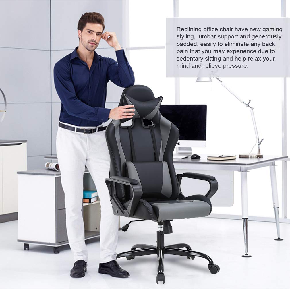 Ergonomic Office Chair, High-Back White Gaming Chair with Lumbar Support PC Computer Chair Racing Chair PU Task Desk Chair Ergonomic Executive Swivel Rolling Chair for Back Pain Women, Men (Black)