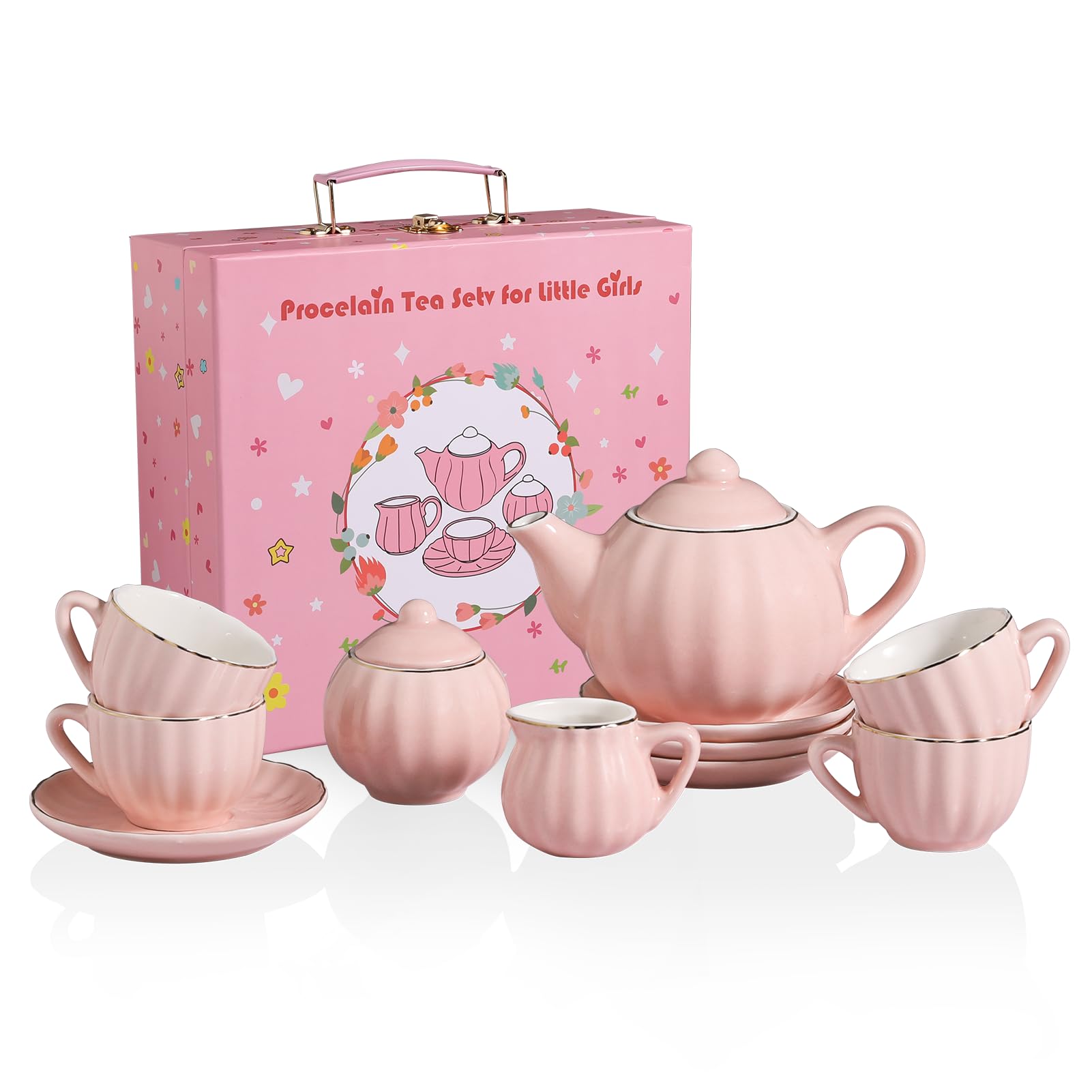 Sweejar Porcelain Tea Set for Little Girls,Kitchen Toys Tea Party Set for Kids Toddler Kitchen Pretend Toy Include Children Teapot, Cup & Saucer Set of 4, Sugar Bowl and Cream Pitcher(Pink)