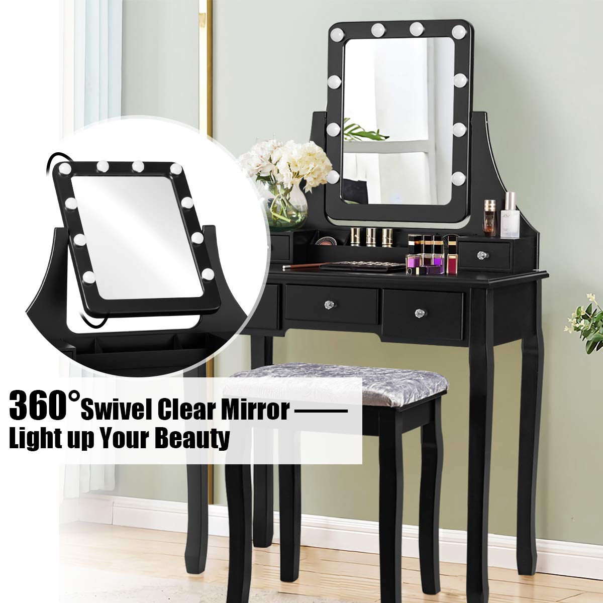 DORTALA Vanity Table Set with 360° Mirror & Cushioned Stool, Makeup Table with 10 LED Dimmable Bulbs, Bedroom Wood Dressing Table with 5 Drawers and Removable Box Organizer, Gift for Females (White)