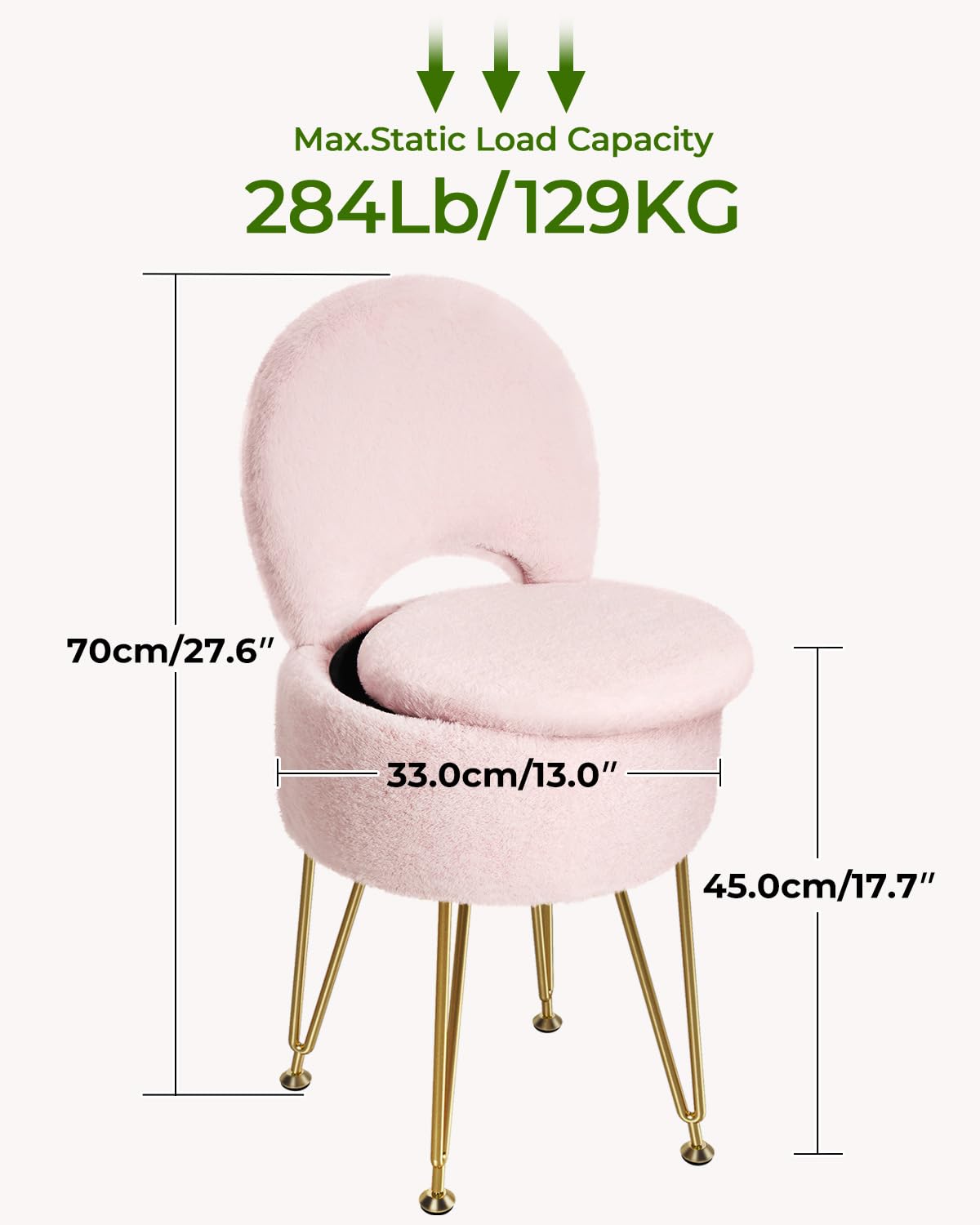Greenstell Vanity Stool with Foldable Back, Vanity Chair with Storage, 13" Dx 27.7" H Faux Fur Soft Ottoman, 4 Metal Legs with Anti-Slip Feet, Small Furry Padded Seat for Makeup, Bedroom, White
