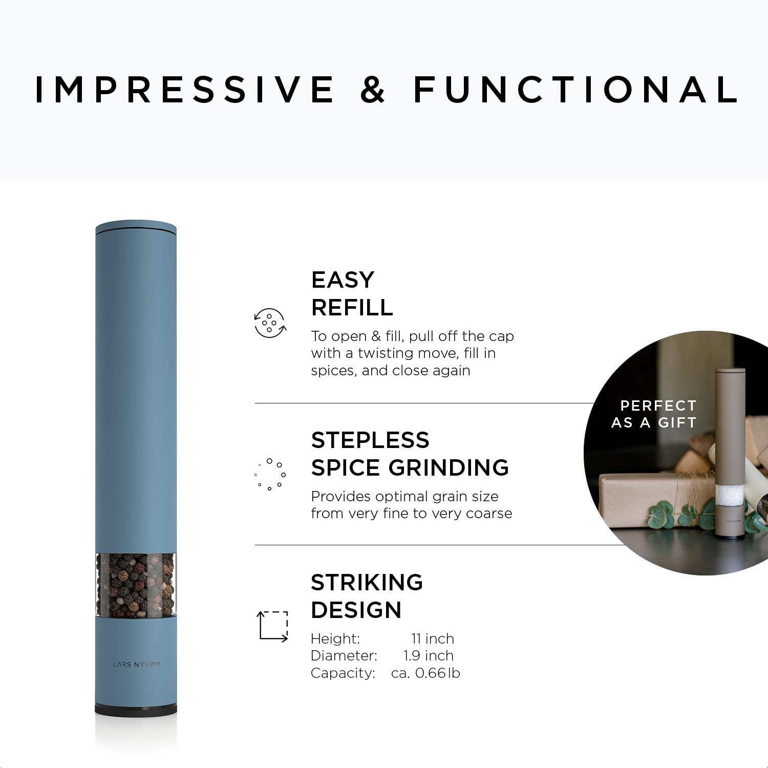 LARS NYSØM Salt and Pepper Mills Set Stainless Steel with Adjustable Ceramic Grinder 2 Pieces I Design Spice Mills Set Manual (Brown/Beige)
