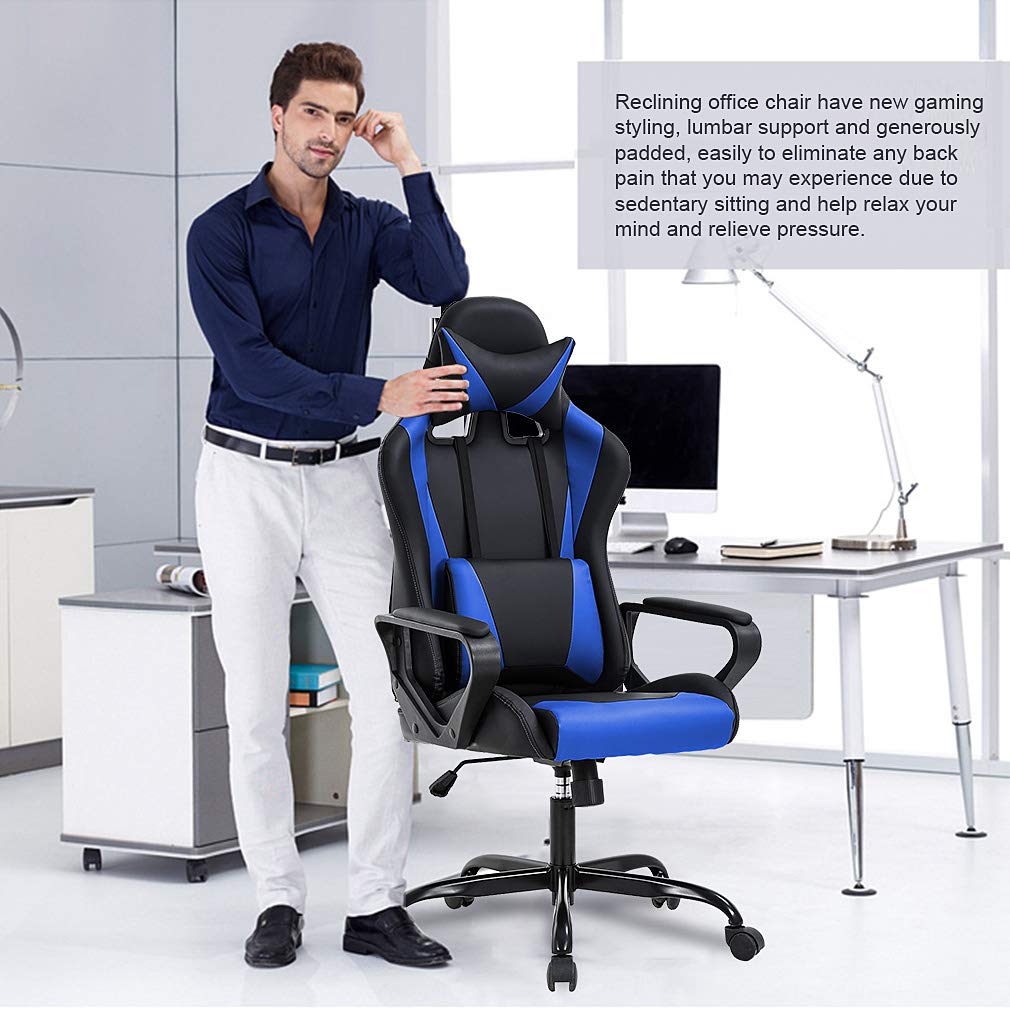 Ergonomic Office Chair, High-Back White Gaming Chair with Lumbar Support PC Computer Chair Racing Chair PU Task Desk Chair Ergonomic Executive Swivel Rolling Chair for Back Pain Women, Men (Black)
