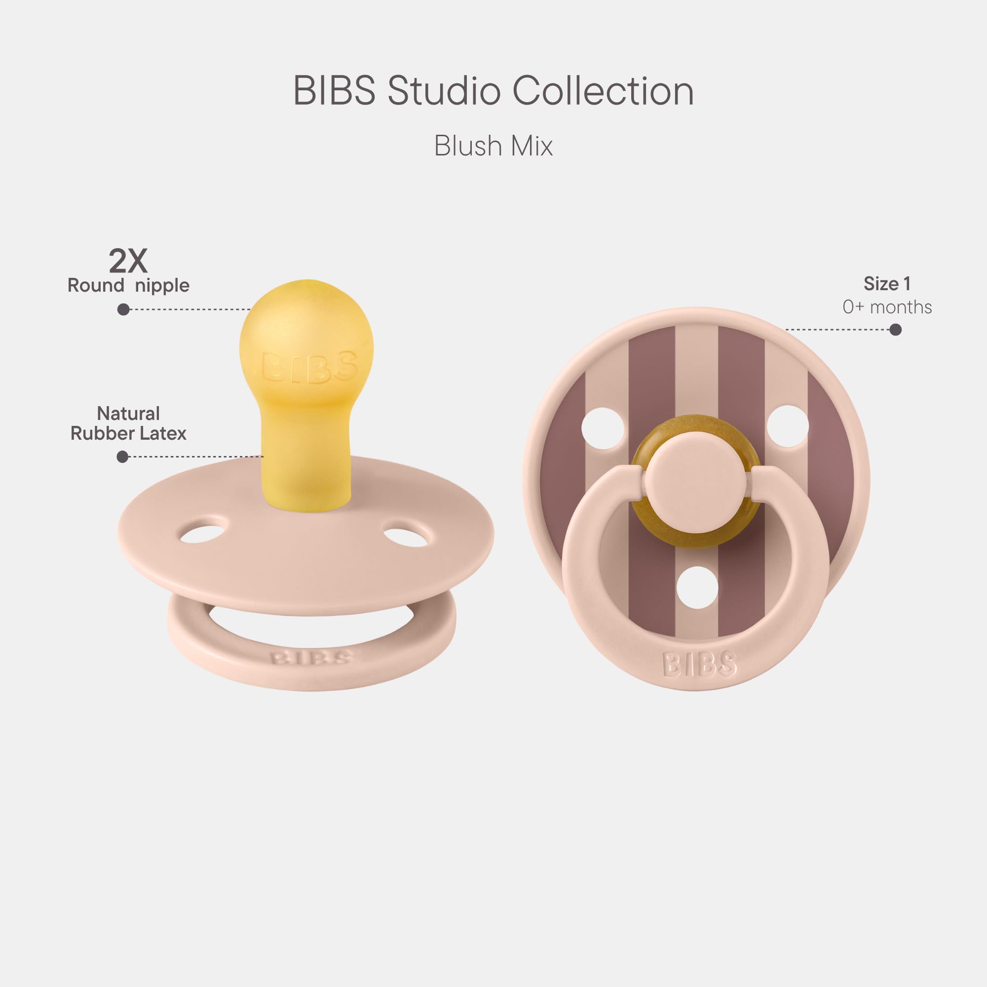 BIBS Pacifiers - Studio Collection | Natural Rubber Baby Pacifier | Set of 2 BPA-Free Soothers | Made in Denmark | (Blush mix, 0-6 Months)