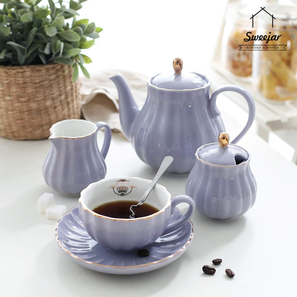 Sweejar Royal Ceramic Teapot & Sugar and Creamer Set(Purple)
