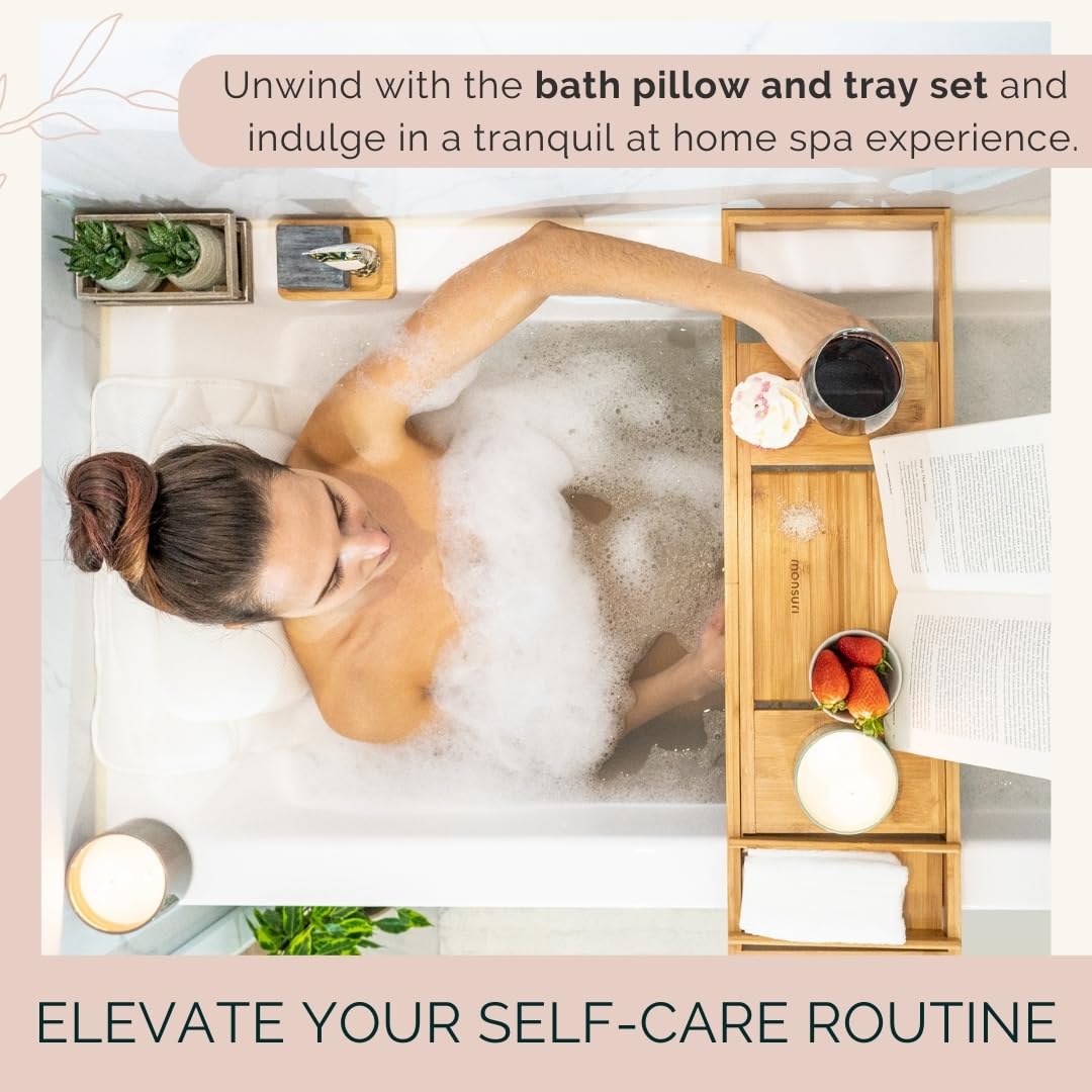 Bath Pillow and Bathtub Tray for Tub: Pamper Yourself to a Luxurious at-Home Spa Experience - Bath Accessories Ideal Relaxation Gifts for Mom, Self Care Gifts for Women.
