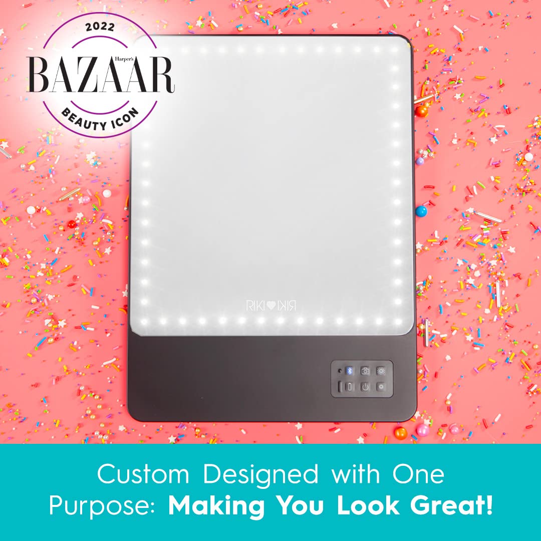 Glamcor Riki Skinny Smart Vanity Mirror with HD LEDs, Magnifying Mirror Attachment, Phone Holder and Bluetooth Control (Champagne Gold, 5X Magnification)