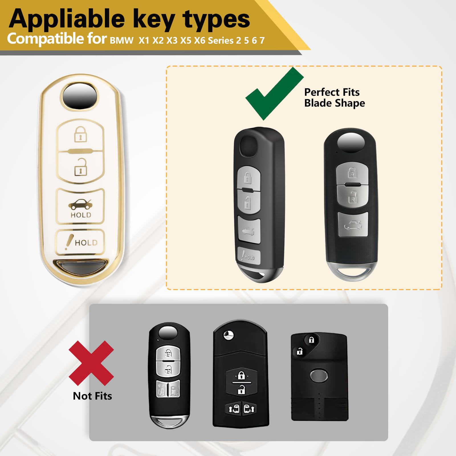 Cadillac Key Fob Cover with Metal Braided Rope Keychain, Upgraded Soft Key Case for 2015-2019 Escalade CTS SRX XT5 ATS STS CT6 (5 Button) (Gold Edge)