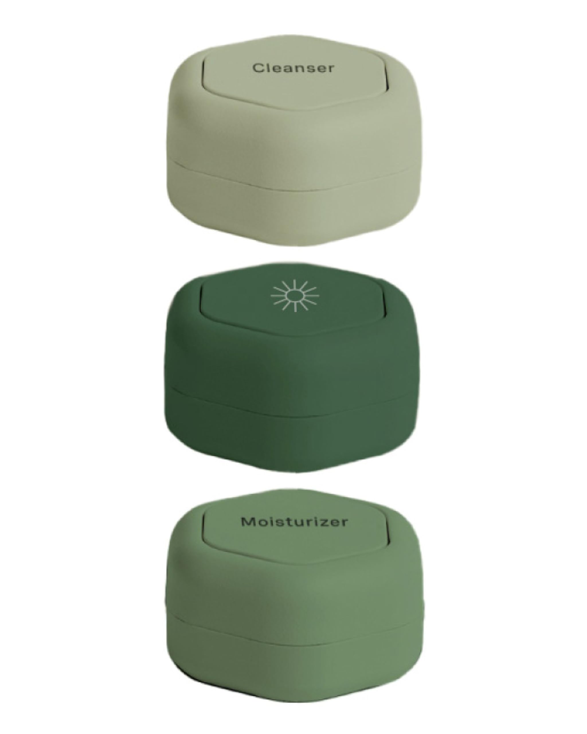 Cadence Travel Containers - Skincare Set - Magnetic Travel Capsules - for Facial Cleanser, Moisturizer, Sunscreen - 3 Small Capsules (0.56oz) with Cleanser, Moisturizer & Sun-Icon Labels - Sand