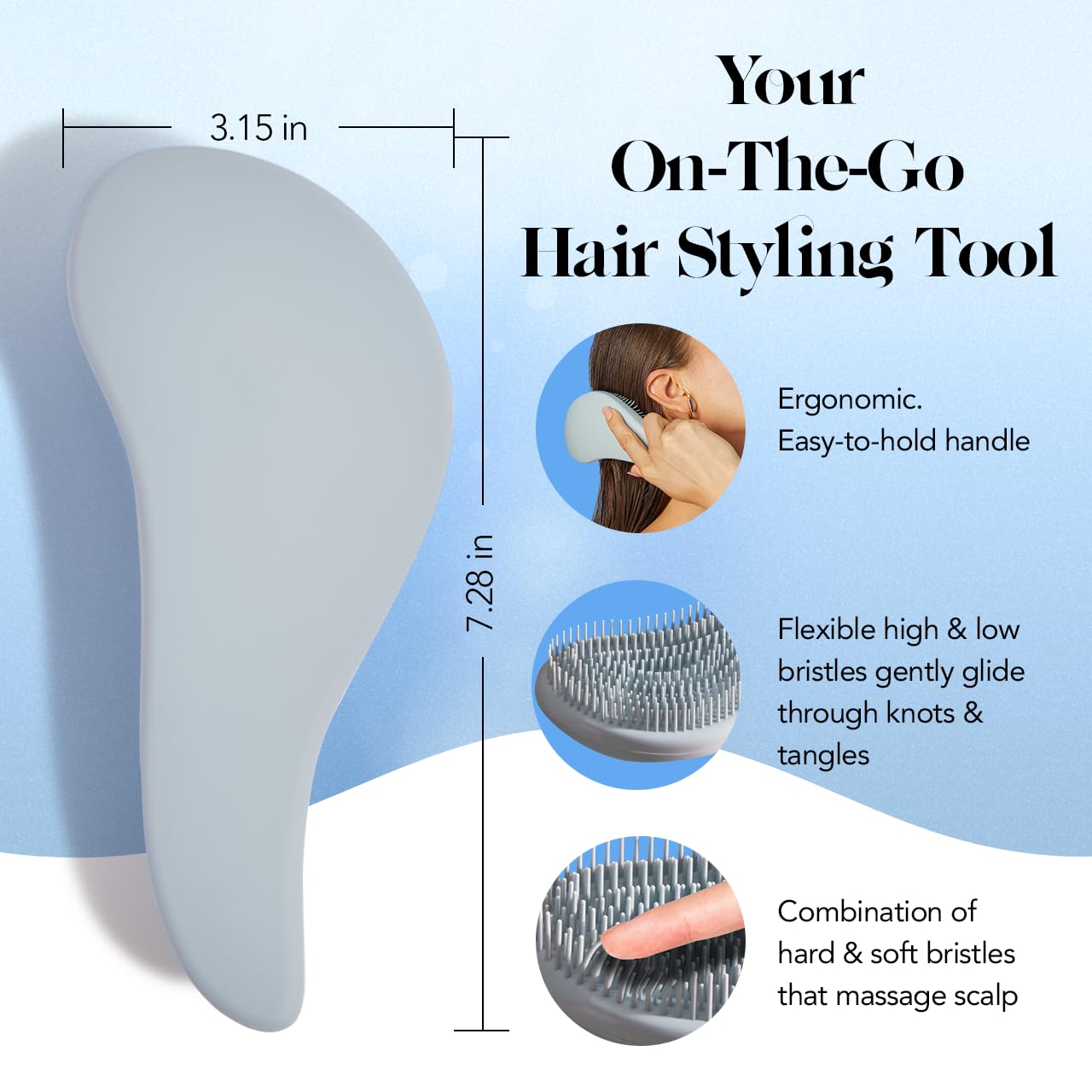Kitsch Detangler Brush for Curly, Straight, Wet and Dry Hair - No Pain Hair Detangler Brush with Flexible Bristles, Easy-to-Hold, Shower & Travel Hair Brush for Adults and Kids - Black