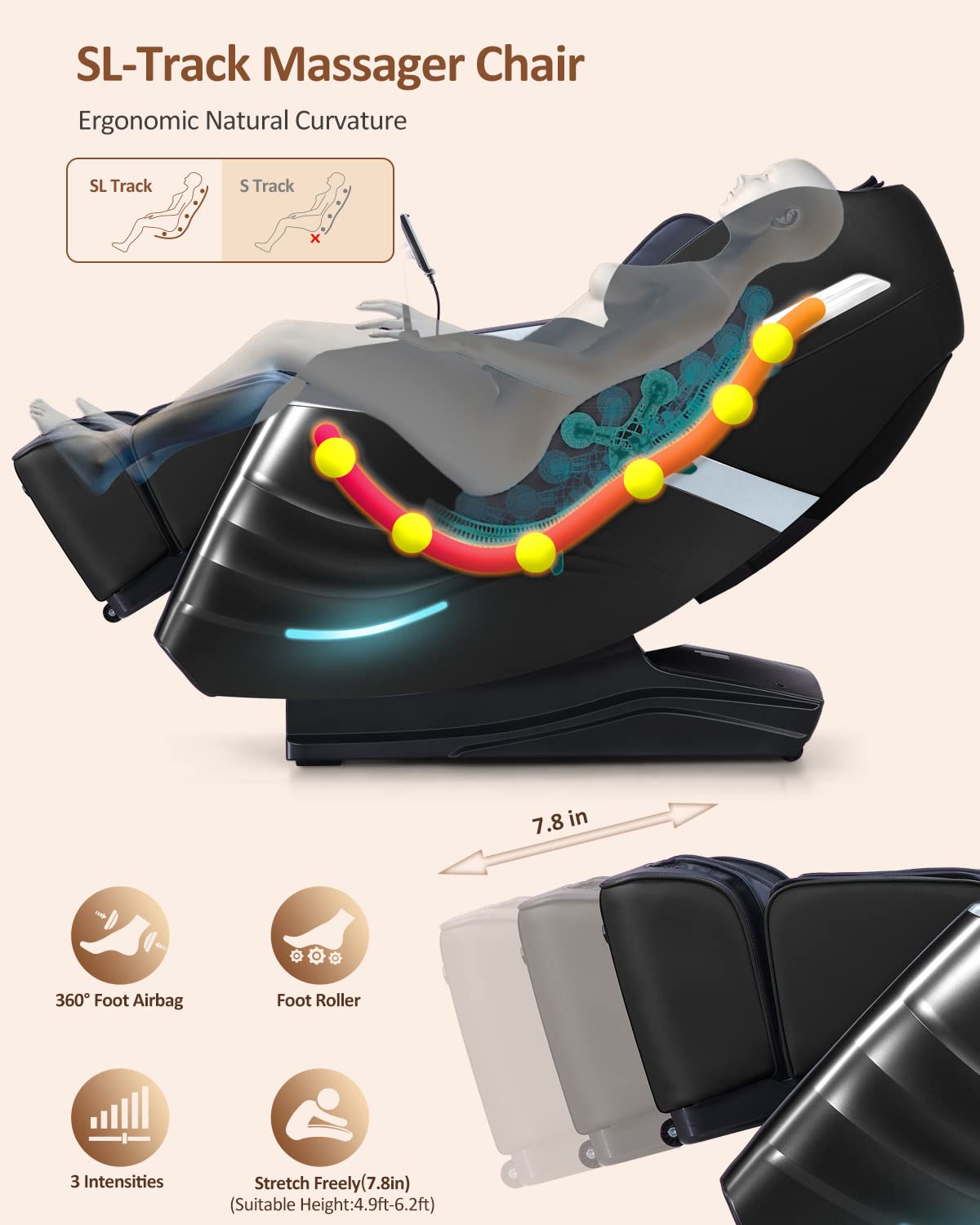 RELX Massage Chair Full Body Zero Gravity SL-Track Shiatsu Massage Chair, 12 Modes, Airbag Massage, with Yoga Stretch, Foot Massage, AI Control (Cream)