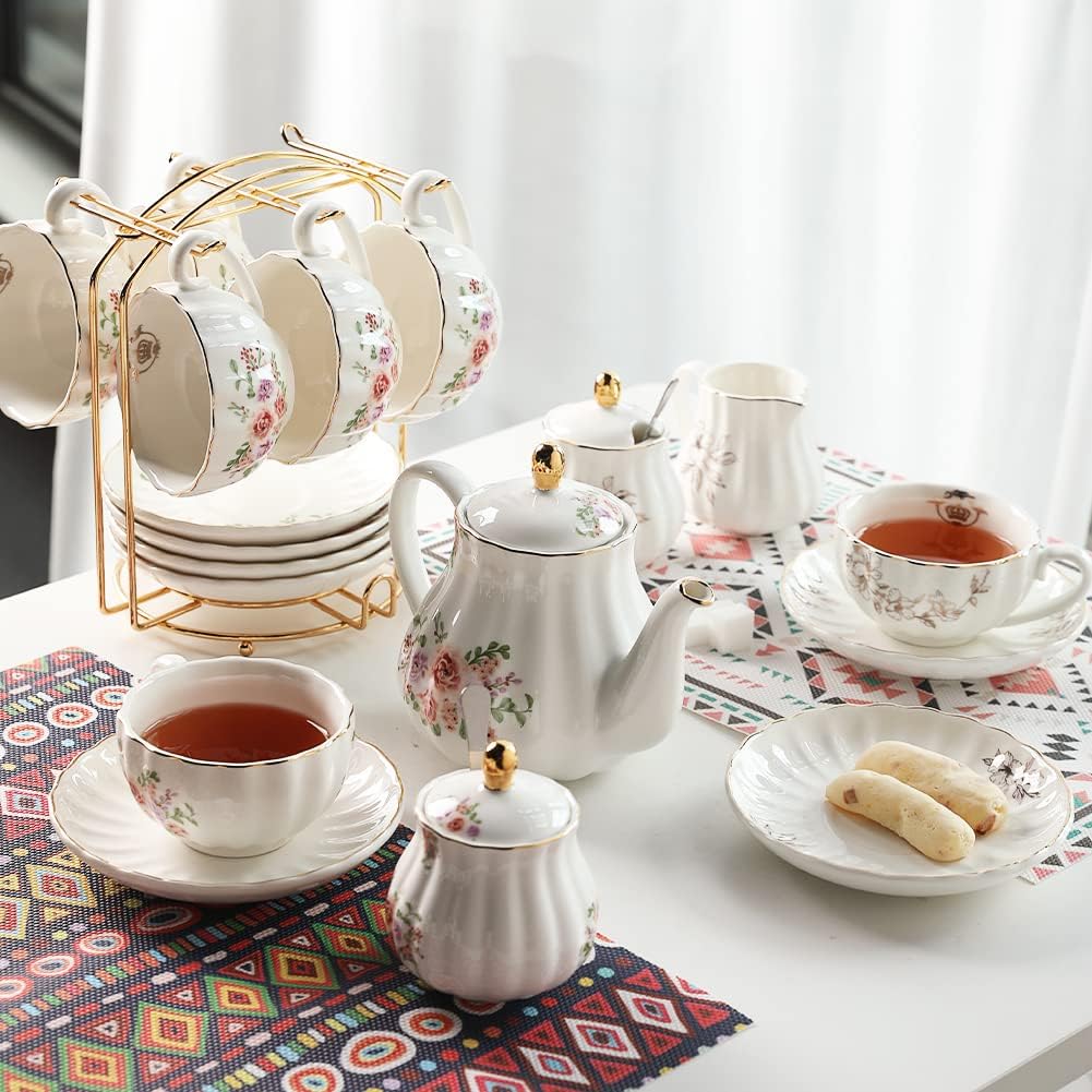 Sweejar Porcelain Tea Sets British Royal Series and 3 Tier Ceramic Cake Stand(Rose Flower)