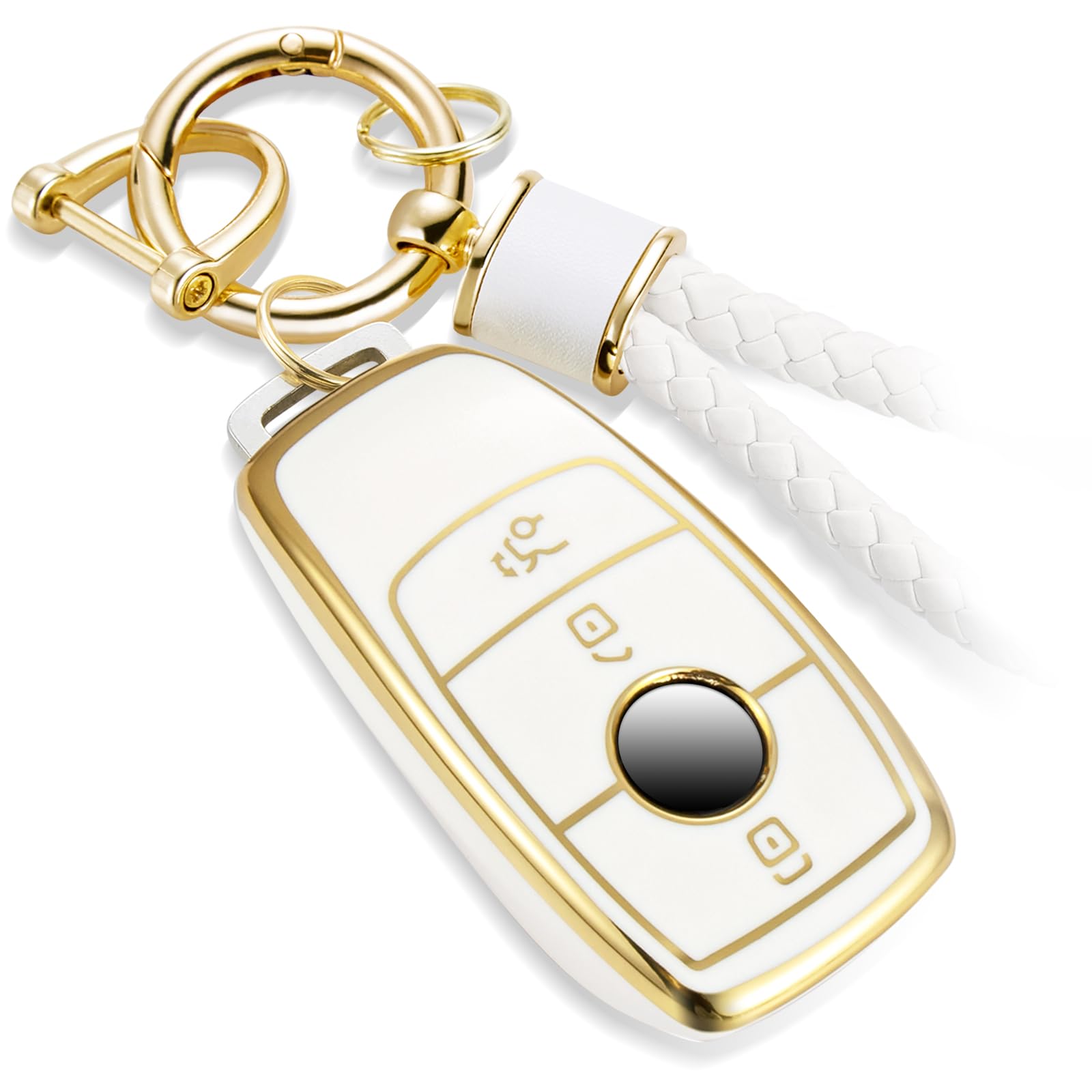 Cadillac Key Fob Cover with Metal Braided Rope Keychain, Upgraded Soft Key Case for 2015-2019 Escalade CTS SRX XT5 ATS STS CT6 (5 Button) (Gold Edge)