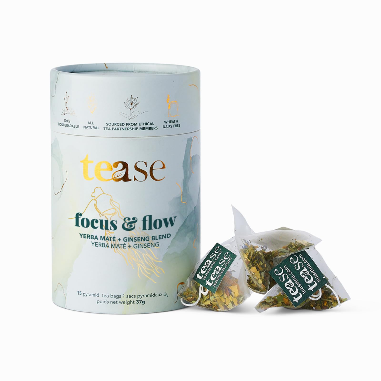 Tease Tea Organic Tea Tube Gift Set | 15 Piece Botanical Pyramid Tea Bag Infuser Sachets Loose Leaf Support Citrusy Blend with Rooibos, Peppermint, Valerian Root Caffeine Free 37g (Golden Slumbers)