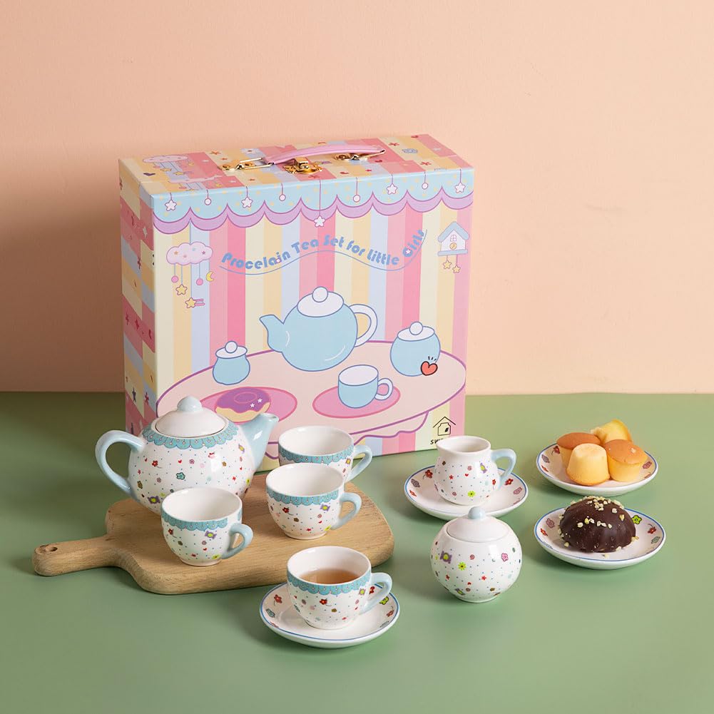Sweejar Porcelain Tea Set for Little Girls,Kitchen Toys Tea Party Set for Kids Toddler Kitchen Pretend Toy Include Children Teapot, Cup & Saucer Set of 4, Sugar Bowl and Cream Pitcher(Pink Polka Dot)