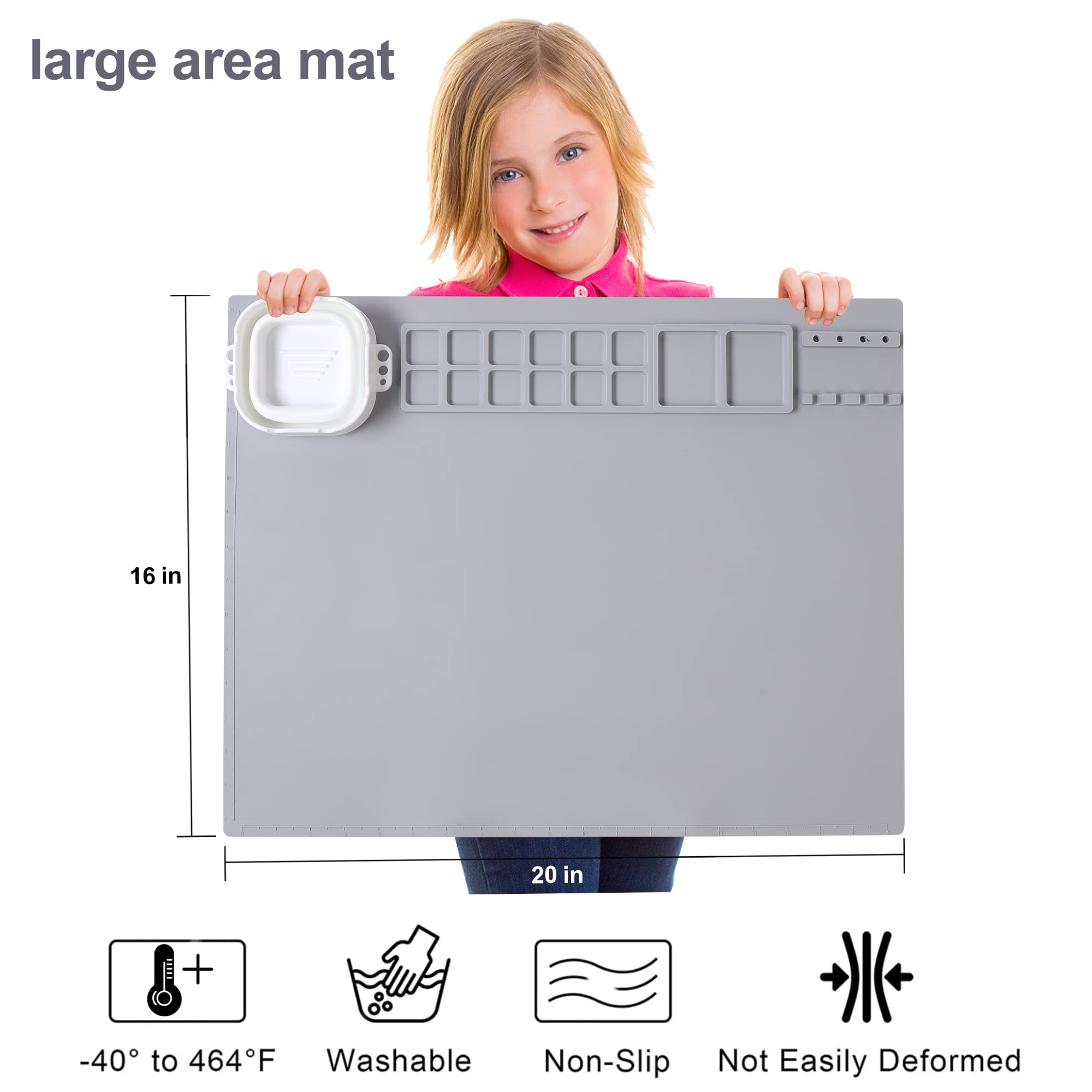 AWOKE Silicone Painting Mat - 20"X16" Silicone Art Mat with 1 Water Cup for Kids - Silcone Craft Mat has12 Color Dividers - 2 Paint Dividers (White)
