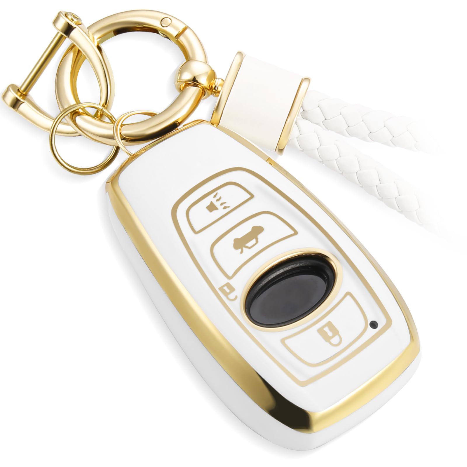 Cadillac Key Fob Cover with Metal Braided Rope Keychain, Upgraded Soft Key Case for 2015-2019 Escalade CTS SRX XT5 ATS STS CT6 (5 Button) (Gold Edge)