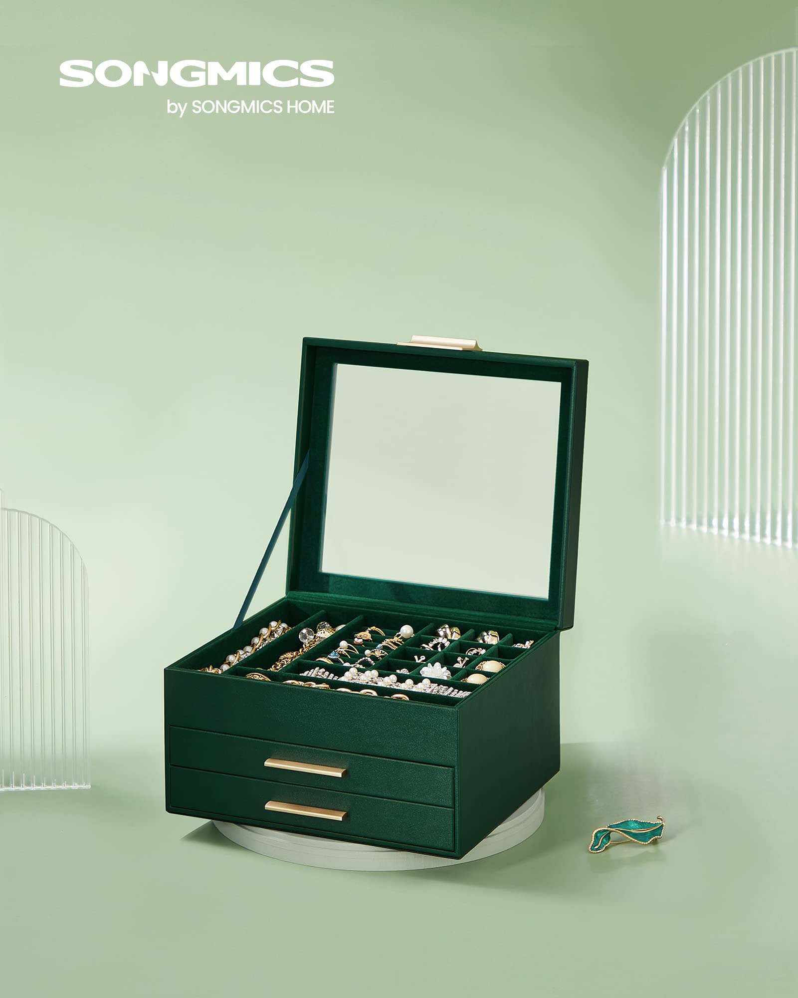 SONGMICS Jewelry Box with Glass Lid, 3-Layer Jewelry Organizer, 2 Drawers, for Big and Small Jewelry, Jewelry Storage, Modern Style, 8 x 9.1 x 5.3 Inches, Cloud White and Gold Color UJBC239WT