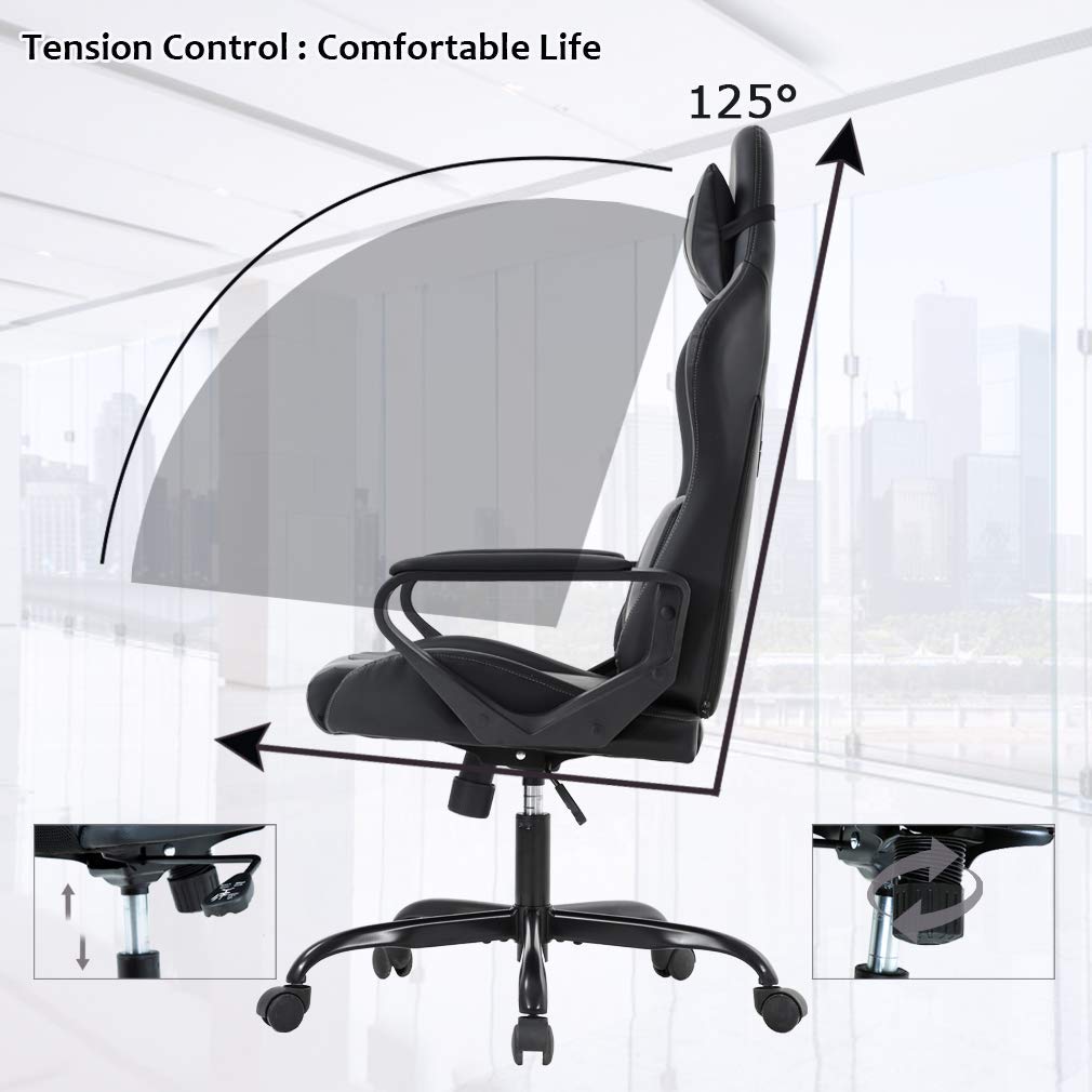Ergonomic Office Chair, High-Back White Gaming Chair with Lumbar Support PC Computer Chair Racing Chair PU Task Desk Chair Ergonomic Executive Swivel Rolling Chair for Back Pain Women, Men (Black)