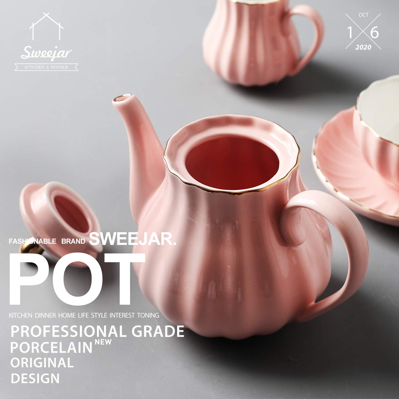 Sweejar Royal Ceramic Sugar and Creamer Set with Lid, 28 oz Teapot with Removable Stainless Steel Infuser,Blooming & Loose Leaf Teapot offee Serving Set Wedding Gift(Pink)