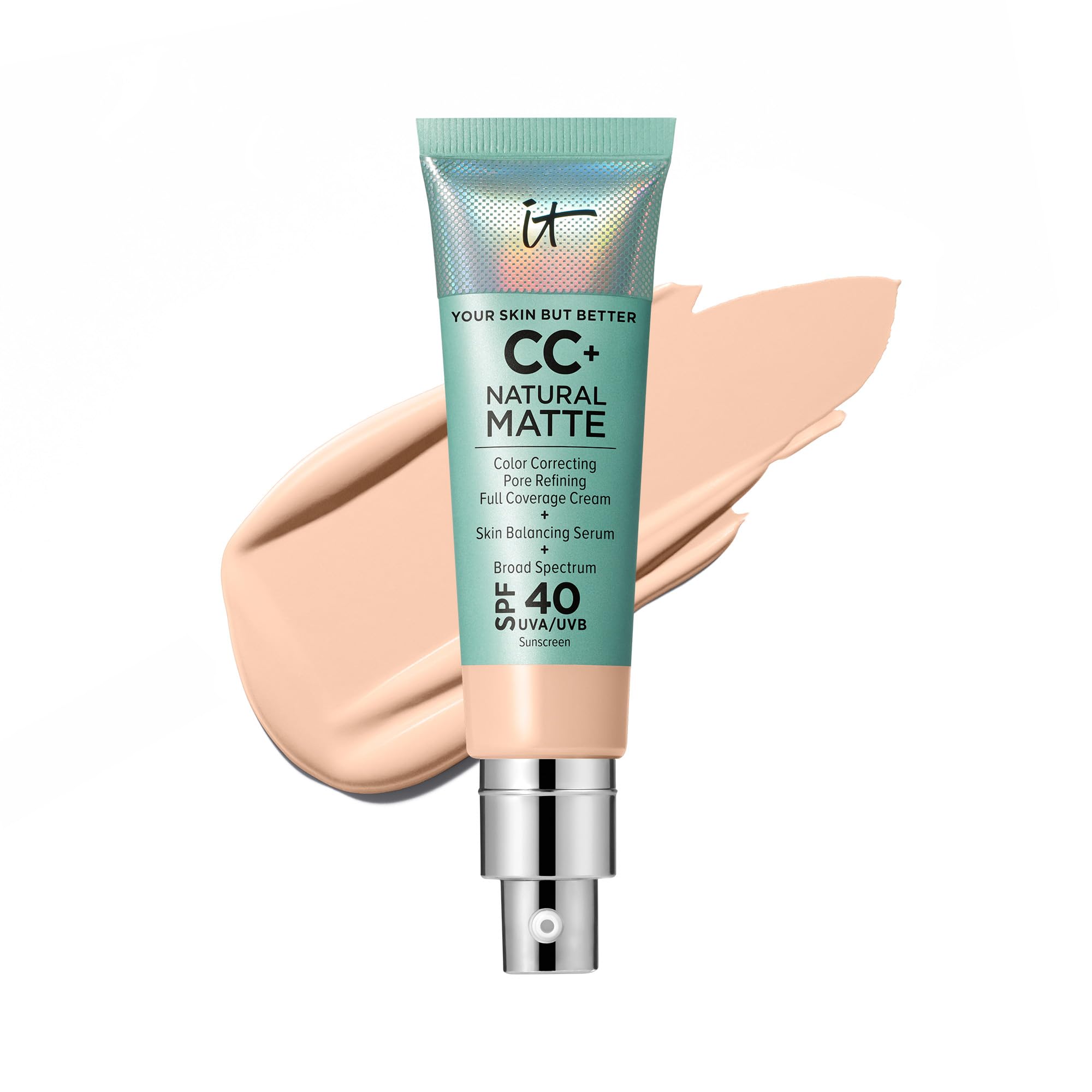 IT Cosmetics CC+ Cream Natural Matte Foundation with SPF 40 - Shine-Reducing & Long-Wear Full Coverage Foundation For Oily Skin - With Hyaluronic Acid - Fragrance Free & Non-Comedogenic - 1.08 fl oz