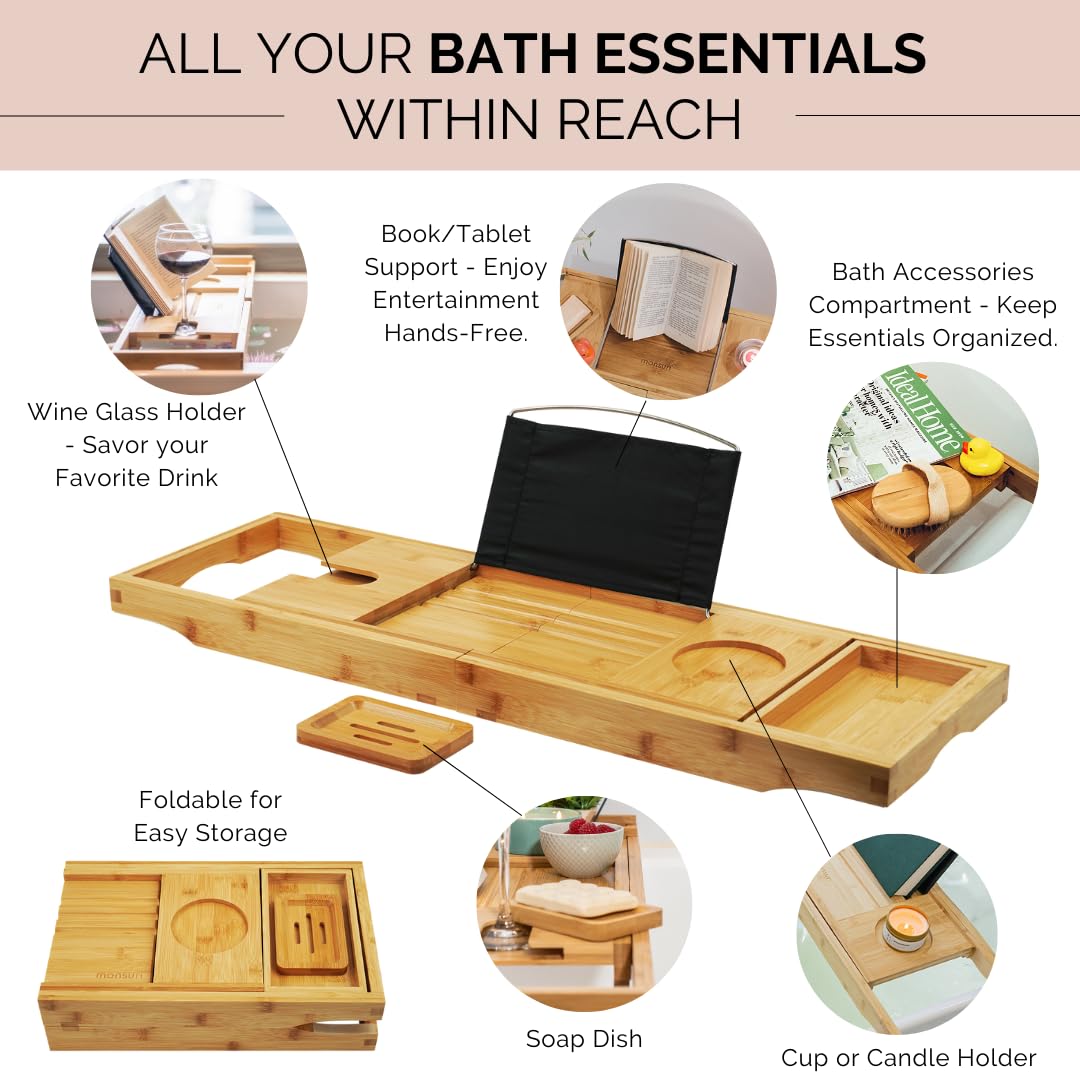 Bamboo Bathtub Tray Caddy Expandable - Over The Tub Bath Caddy Tray for Bathtub Accessories for Relaxing Spa, Bamboo Bath Tray for Tub Accessories for Bathtub for Women. Bath Spa Gifts for Women.