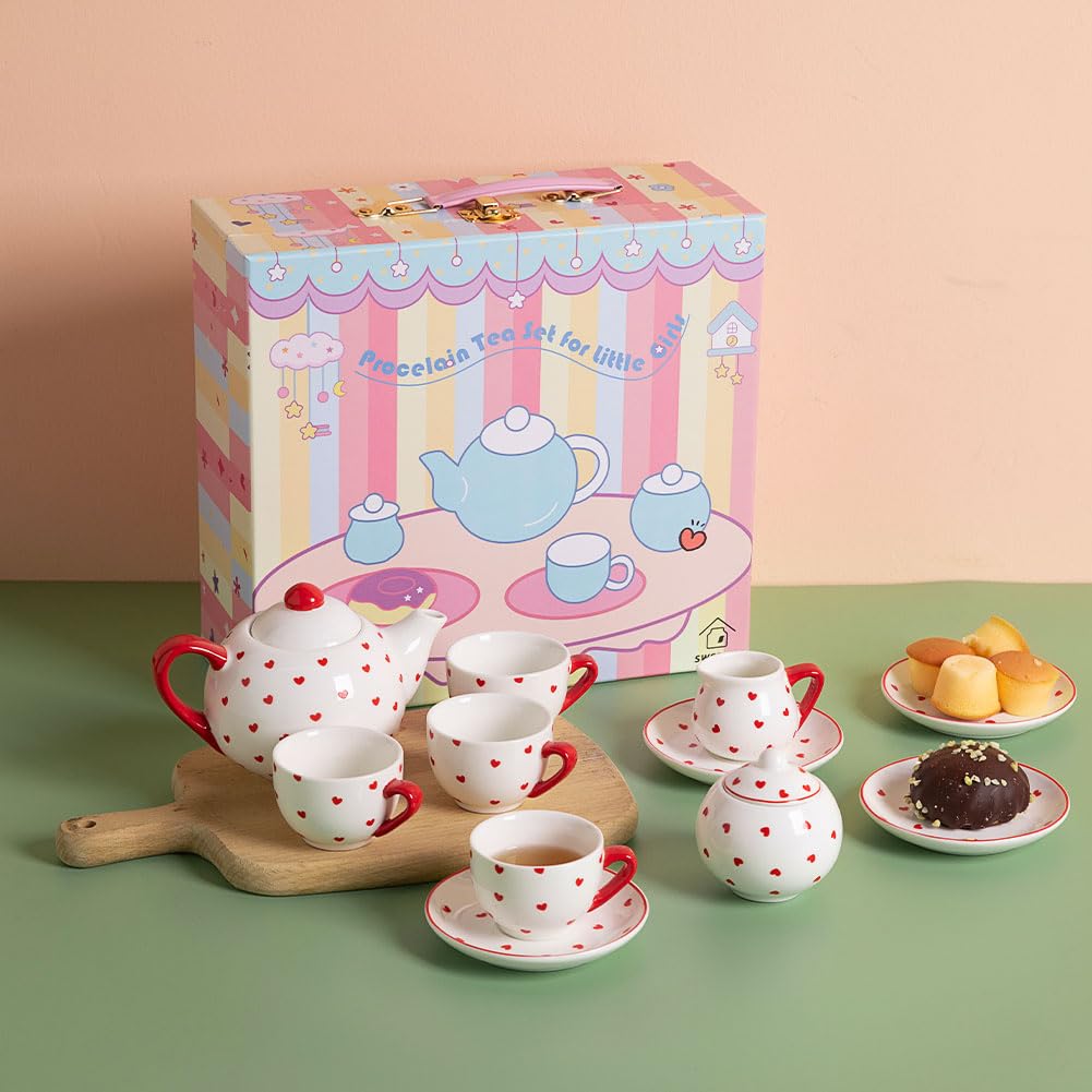 Sweejar Porcelain Tea Set for Little Girls,Kitchen Toys Tea Party Set for Kids Toddler Kitchen Pretend Toy Include Children Teapot, Cup & Saucer Set of 4, Sugar Bowl and Cream Pitcher(Pink Polka Dot)