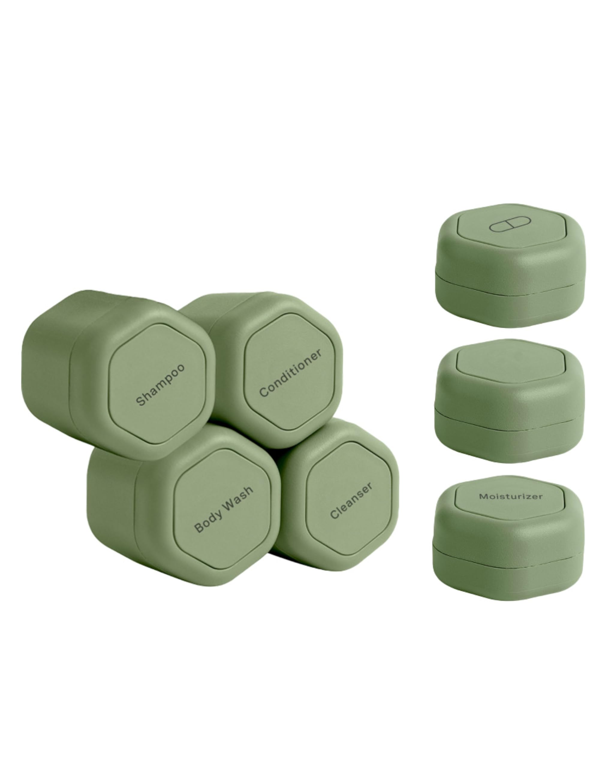 Cadence Travel Containers - Daily Routine Capsule Set - Magnetic Travel Capsules - For Shampoo, Conditioner, Body Wash, Pills, and More - 4 Flex Mediums (1.32oz) & 3 Flex Smalls (0.56oz) - Sand