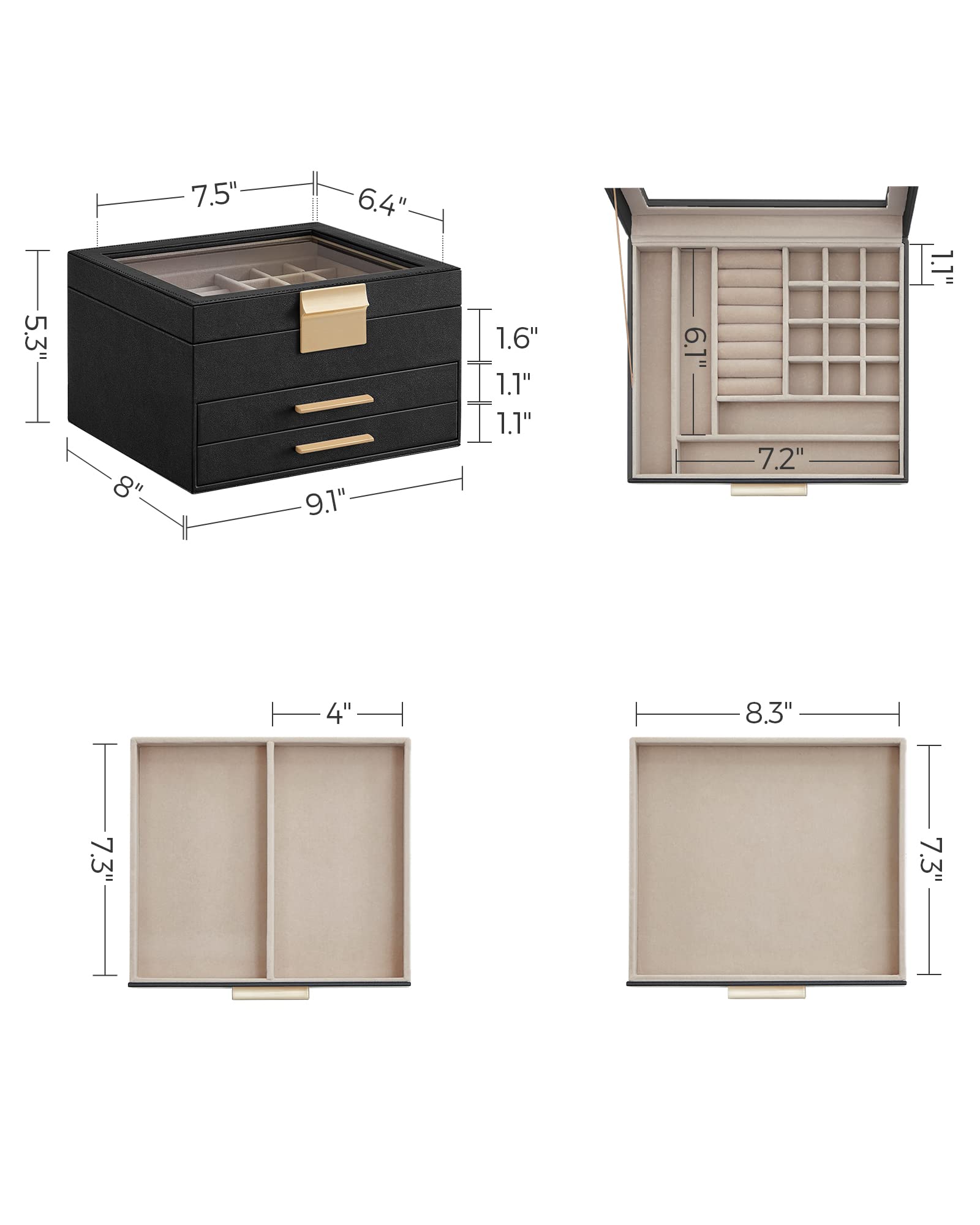 SONGMICS Jewelry Box with Glass Lid, 3-Layer Jewelry Organizer, 2 Drawers, for Big and Small Jewelry, Jewelry Storage, Modern Style, 8 x 9.1 x 5.3 Inches, Cloud White and Gold Color UJBC239WT