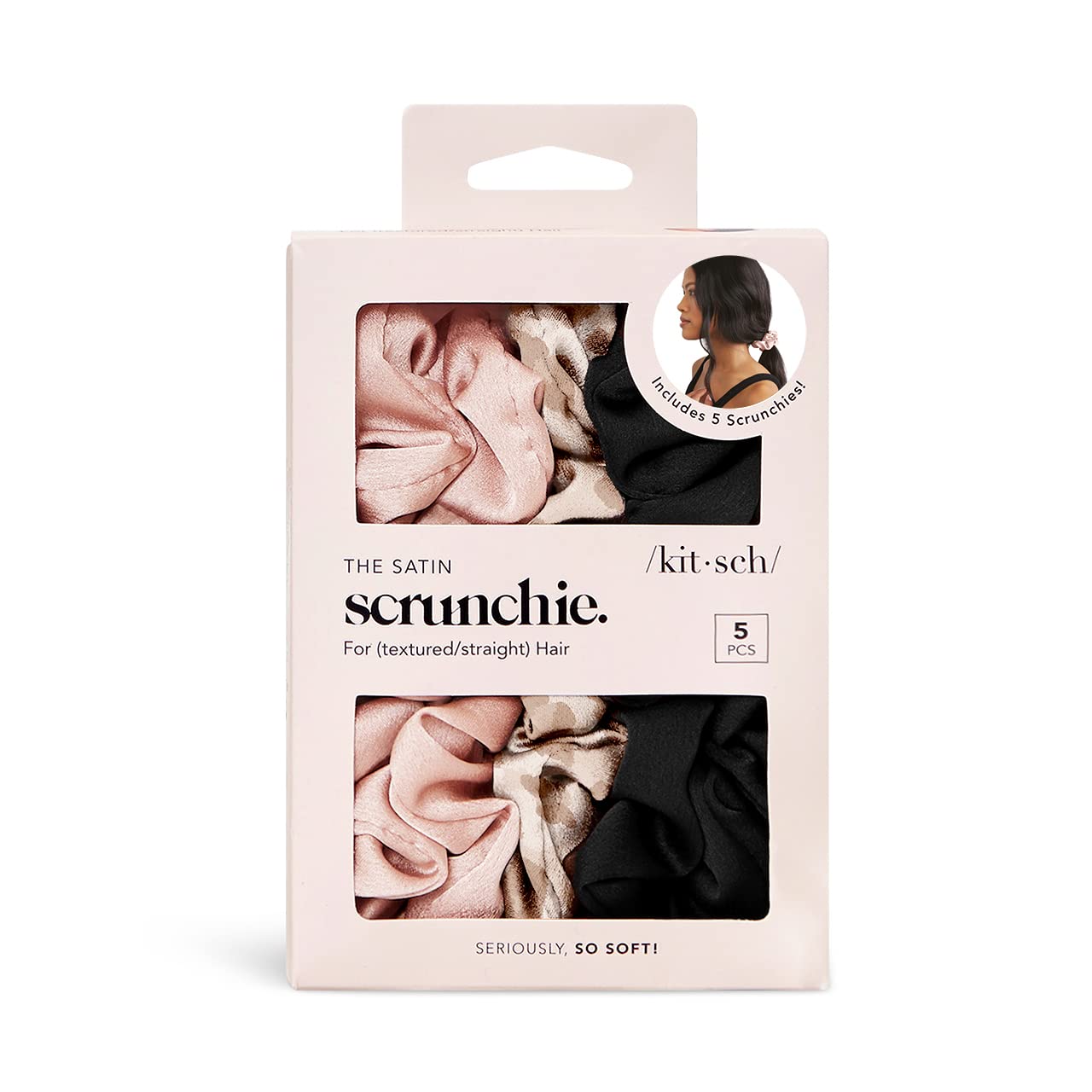 Kitsch Satin Hair Scrunchies for Women, Softer Than Silk Scrunchies for Hair, Satin Scrunchies for Girls, Satin Hair Ties for Women, Silk Hair Ties No Damage, Silk Ponytail Holders, 5 pcs (Cameo)