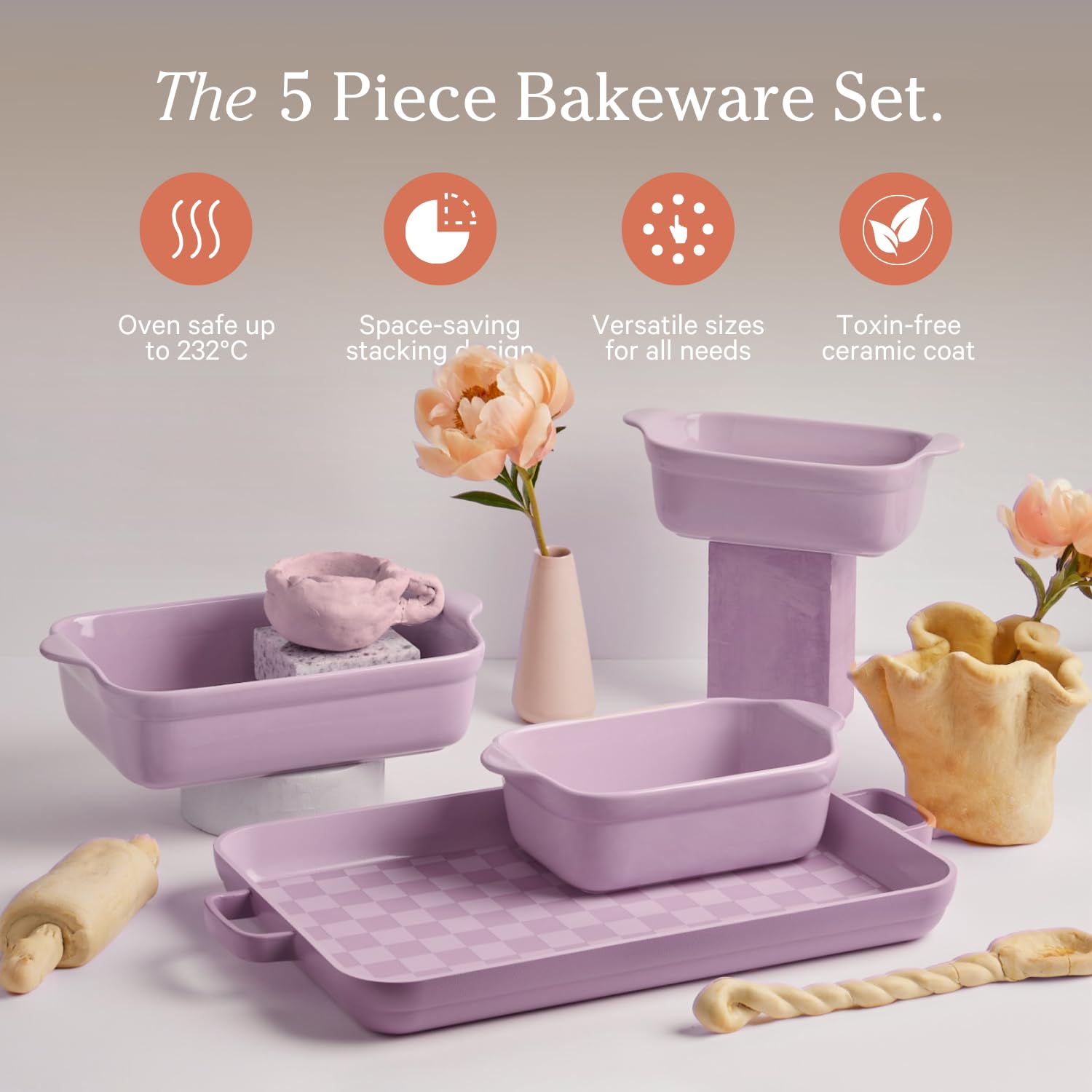 Our Place Bakeware Set | 5-Piece Nonstick, Toxin-Free, Ceramic, Stoneware Set with Oven Pan, Bakers, & Oven Mat | Space-Saving Nesting Design | Oven-Safe | Bake, Roast, Griddle and more | Steam