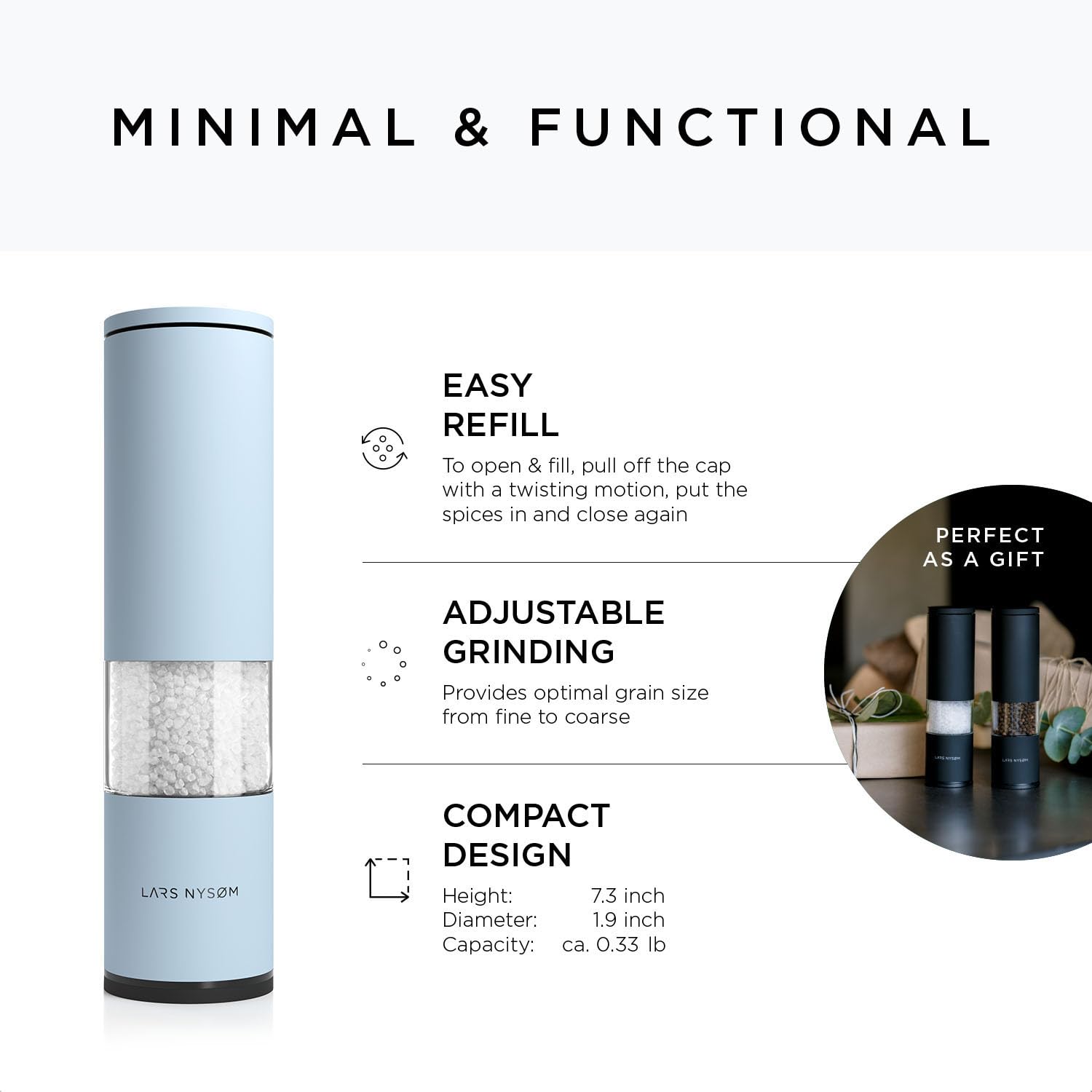 LARS NYSØM Salt and Pepper Mills Set Stainless Steel with Adjustable Ceramic Grinder 2 Pieces I Design Spice Mills Set Manual (Brown/Beige)