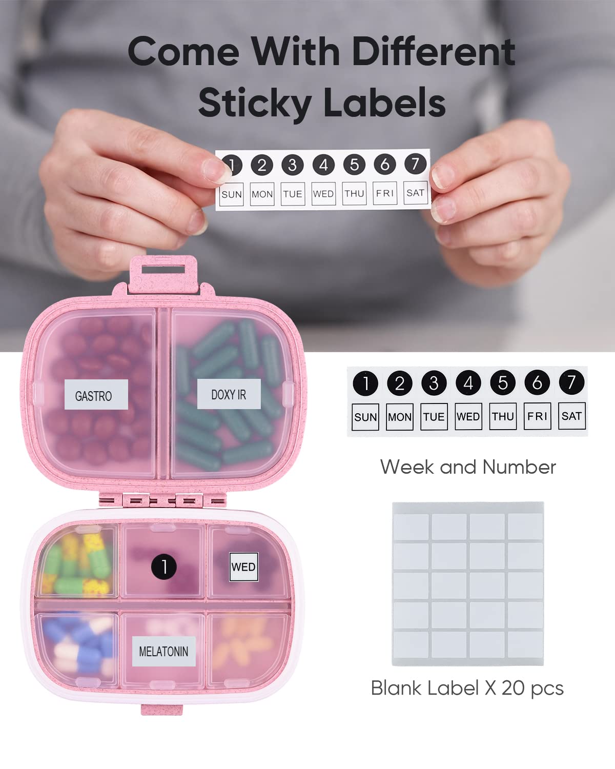 Holii Travel Pill Organizer, 8 Compartments Portable Pill Case, Daily Pill Box to Hold Vitamins, Small Pill Container for Pocket Purse Medicine Organizer(Khaki)