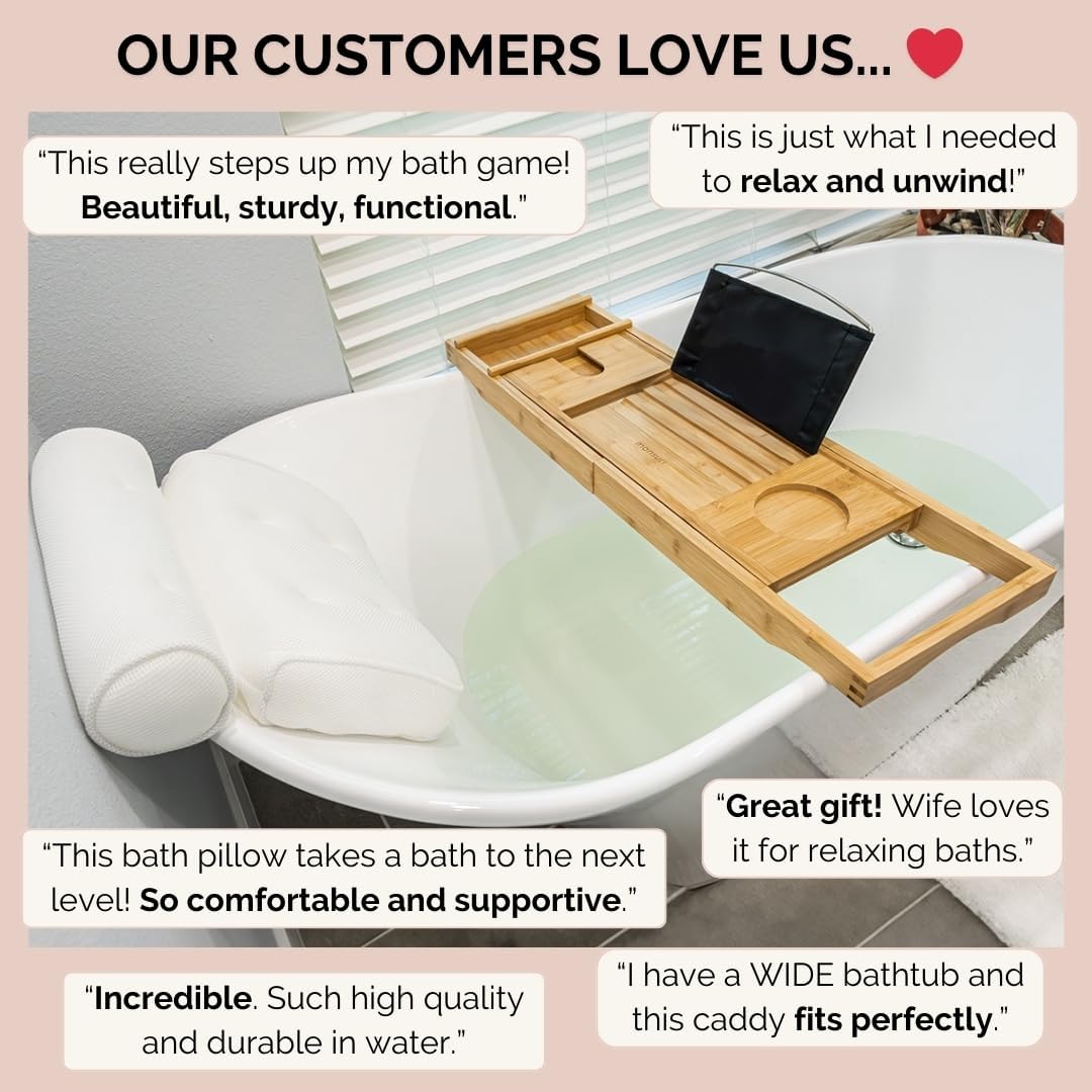 Bathtub Tray and Luxury Bath Pillow Set - Expandable Bath Tray for Tub and Deluxe Bathtub Pillow for Tub for Ultimate Relaxation - Perfect Bath Accessories for Women, Spa Gifts for Women.