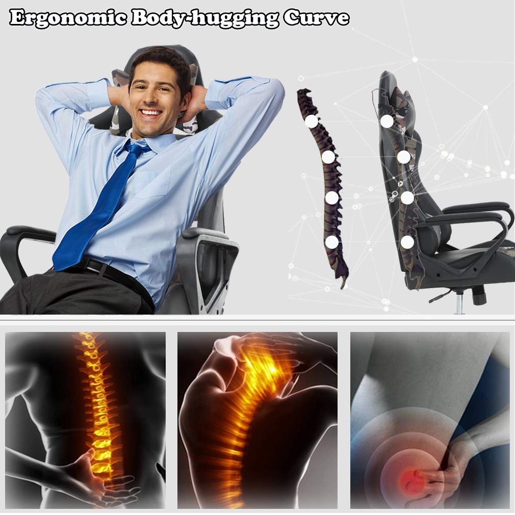 Ergonomic Office Chair, High-Back White Gaming Chair with Lumbar Support PC Computer Chair Racing Chair PU Task Desk Chair Ergonomic Executive Swivel Rolling Chair for Back Pain Women, Men (Black)