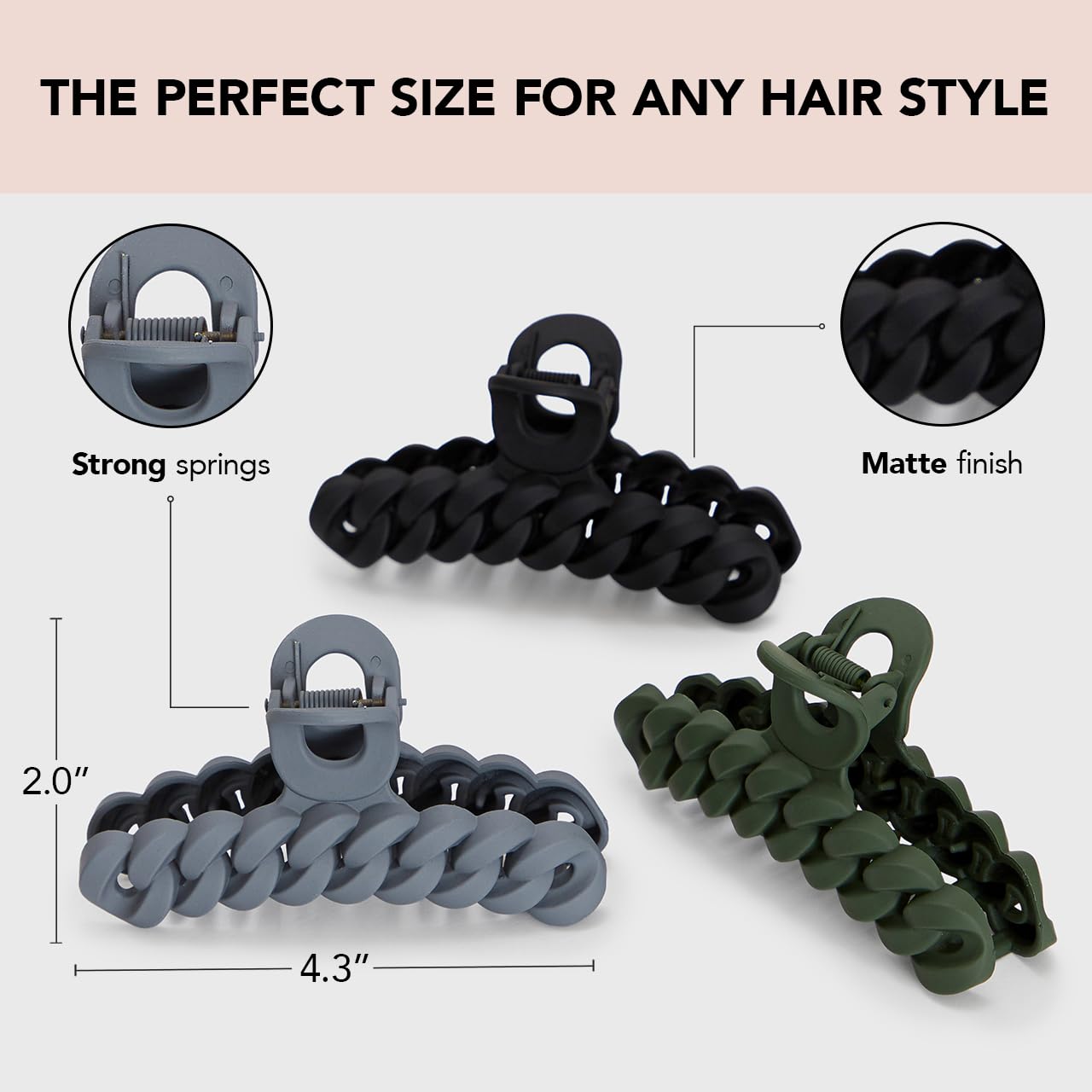 Kitsch Recycled Plastic Large Claw Clip - Big Chain Hair Clips for Women | Large Hair Claw Clips & Jaw Clips| Big Claw Clips for Thick Hair | Claw Hair Clips for Girls (3pc Set Large Neutrals)