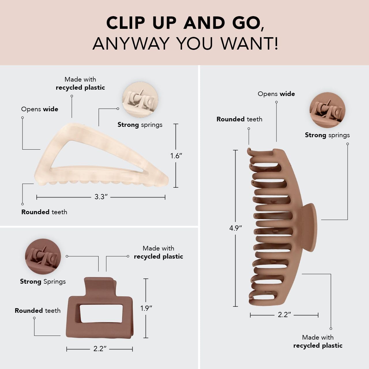 Kitsch Large Assorted Hair Clips for Women - Medium Open Shape Hair Claw Clips for Thick Hair | Small Open Shape Hair Clip & Big Claw Clip for Teen Girls | Hair Styling Accessories, 3 pcs