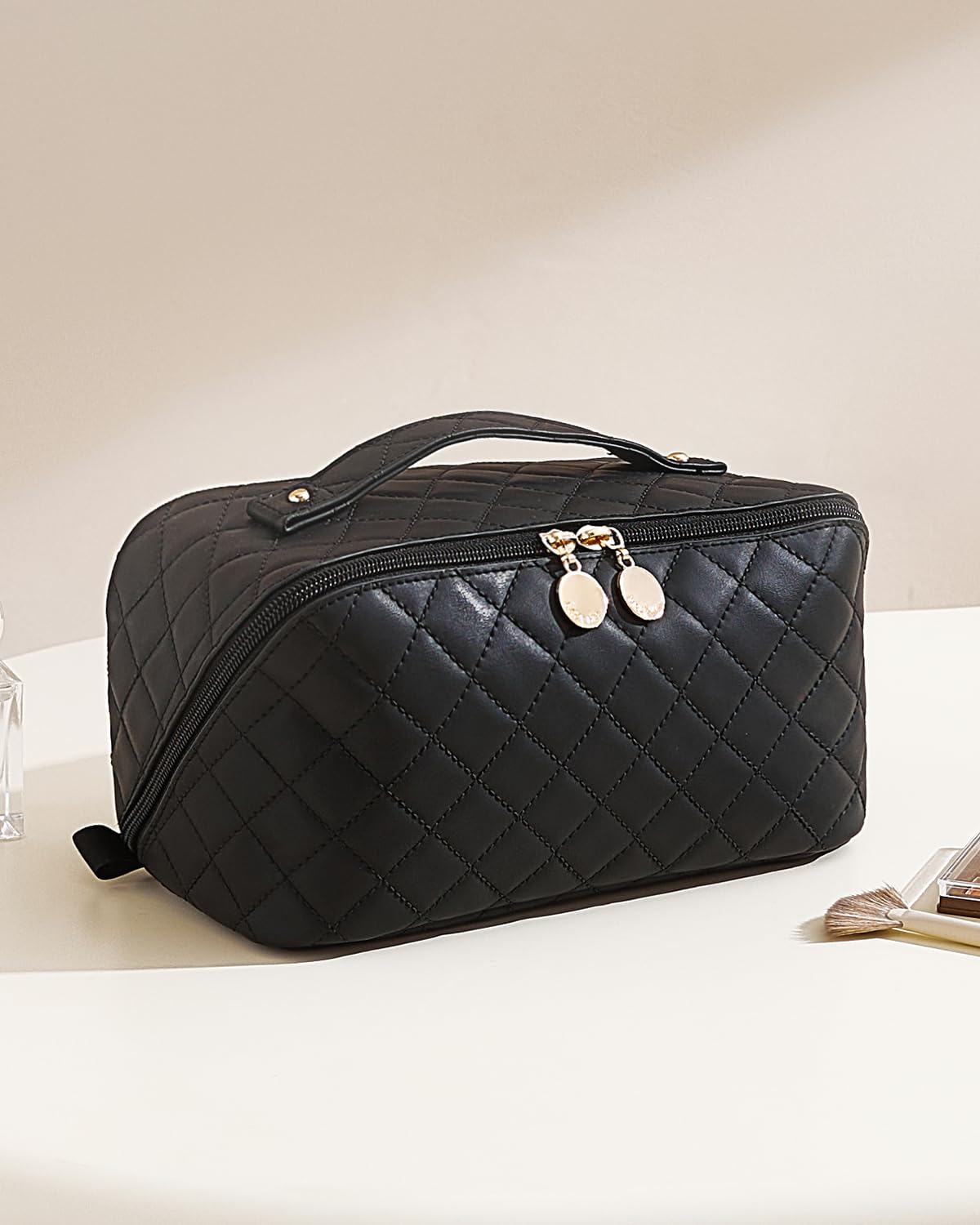 EACHY Travel Makeup Bag,Large Capacity Cosmetic Bags for Women,Waterproof Portable Pouch Open Flat Toiletry Bag Make up Organizer with Divider and Handle
