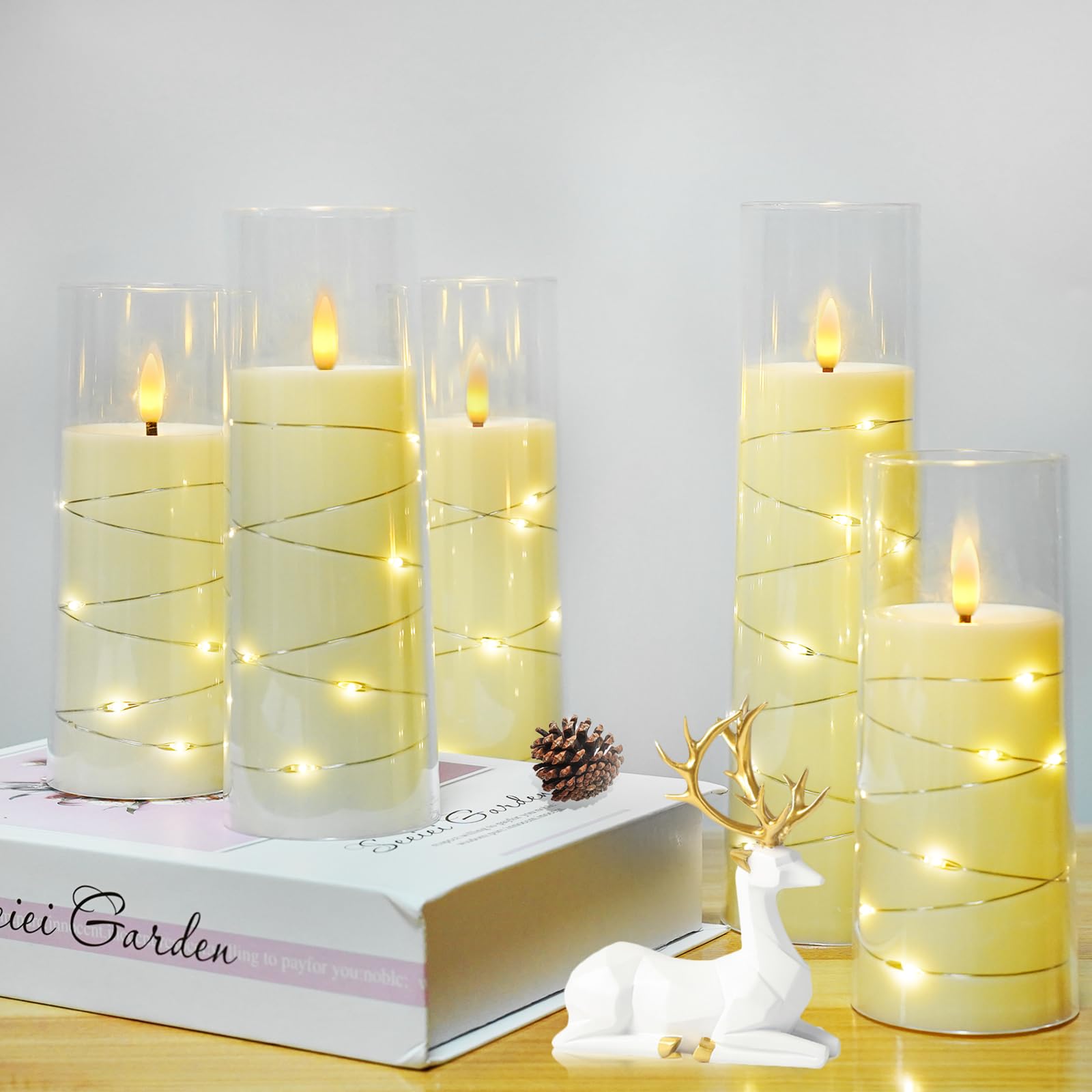 Flameless LED Candles with Timer 5 Pc Flickering Flameless Candles for Romantic Ambiance and Home Decoration Stable Acrylic Shell,with Embedded Star String,Battery Operated Candles(Grey)