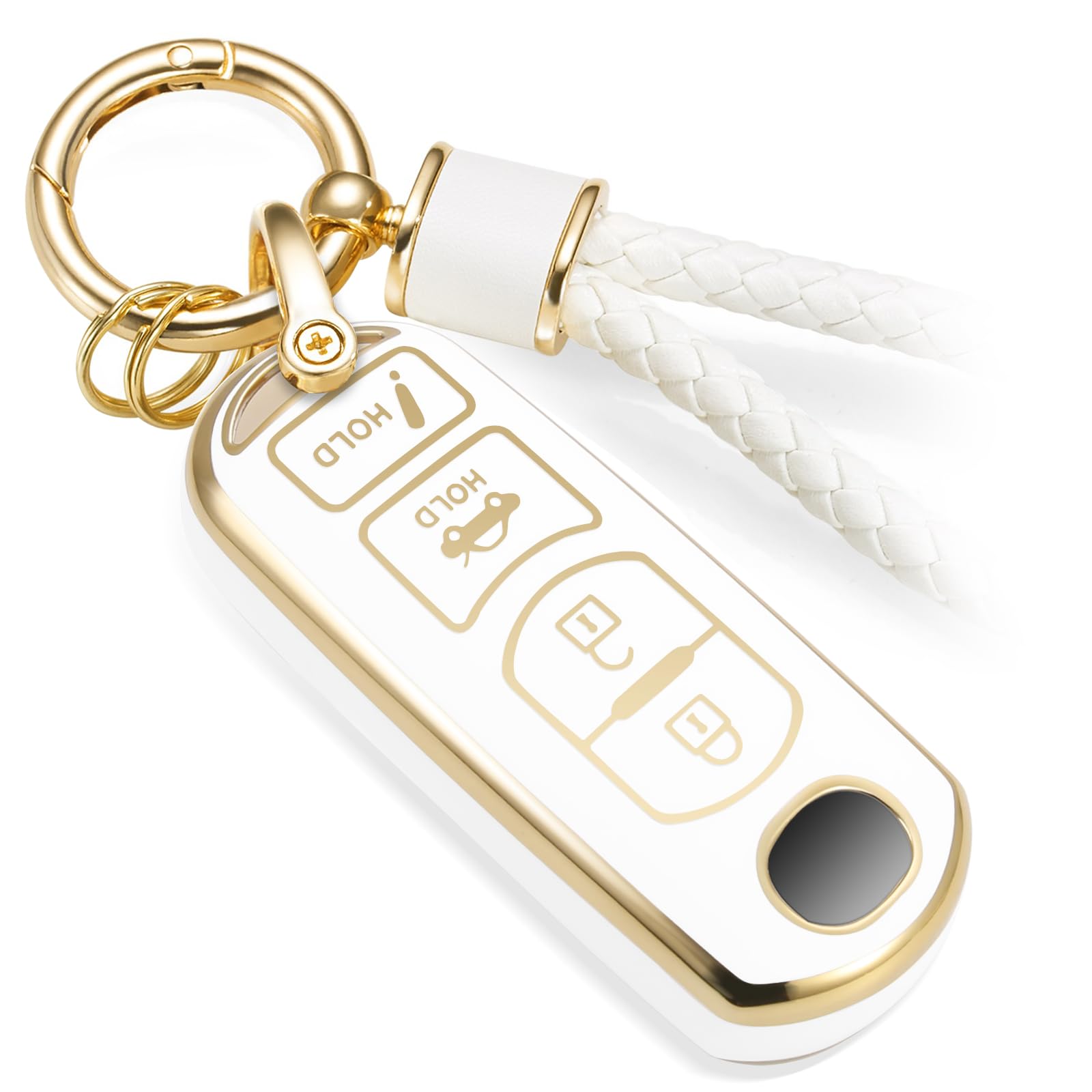 Cadillac Key Fob Cover with Metal Braided Rope Keychain, Upgraded Soft Key Case for 2015-2019 Escalade CTS SRX XT5 ATS STS CT6 (5 Button) (Gold Edge)